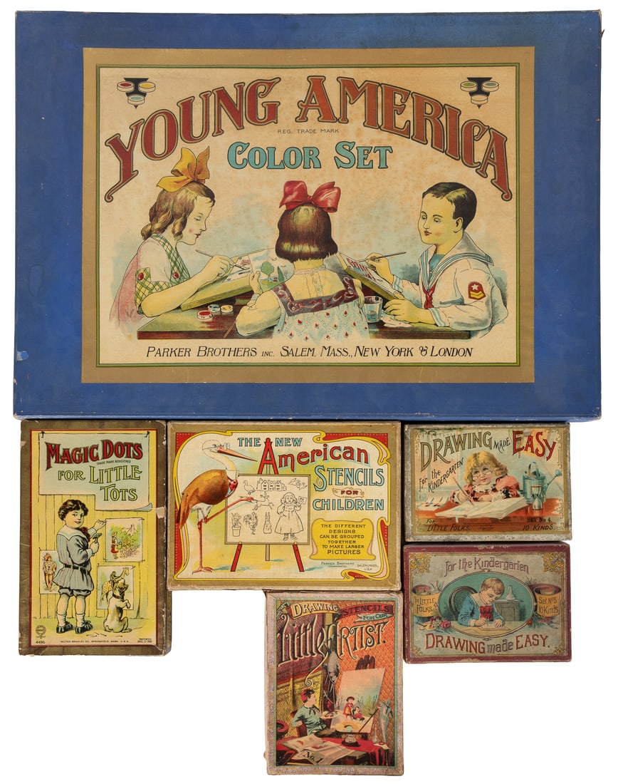 Young American Color Set with Young Artist Stencil Assortment. United States, early to mid 20th: Young American Color Set with Young Artist Stencil Assortment. United States, early to mid-20th century. Six sets altogether, all with original boxes. Includes: Young American Color Set. Salem: