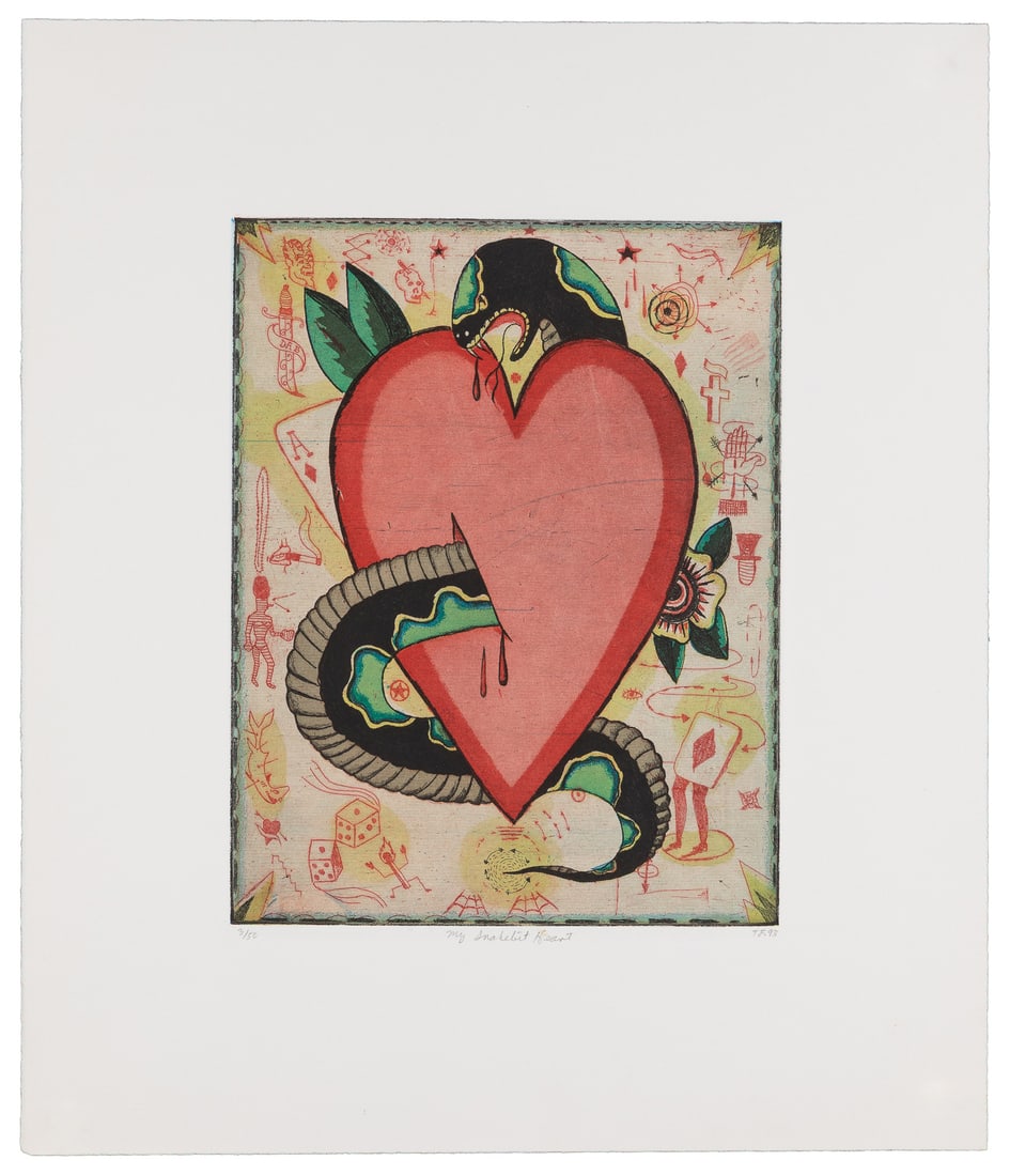 FITZPATRICK, Tony (American, 1958-2025). My Snakebit Heart. 1993.: FITZPATRICK, Tony (American, 1958-2025). My Snakebit Heart. 1993. Chicago, IL: Big Cat Press. Signed with the artist's initials, dated 93, numbered 3/50, and inscribed with the title in pencil in the 