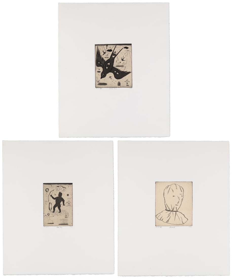 FITZPATRICK, Tony (American, 1958-2025). Trio of Etchings: Coal Boy, Caitlin's Bird, and Shroud.: FITZPATRICK, Tony (American, 1958-2025). Trio of Etchings: Coal Boy, Caitlin's Bird, and Shroud. 1992. Chicago, IL: Big Cat Press. Each signed with the artist's initials, dated 92, and inscribed with 