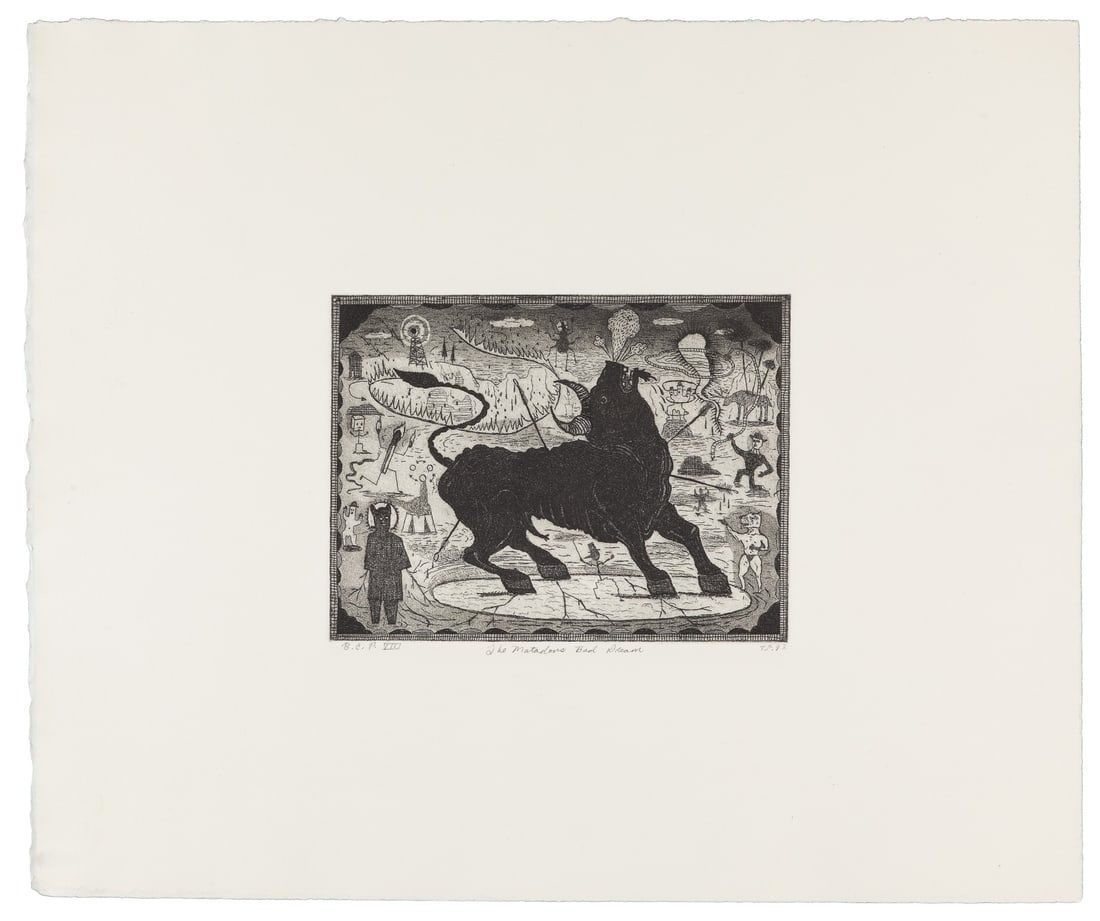 FITZPATRICK, Tony (American, 1958-2025). The Matador's Bad Dream. 1993.: FITZPATRICK, Tony (American, 1958-2025). The Matador's Bad Dream. 1993. Chicago, IL: Big Cat Press. Signed with the artist's initials, dated 93, and inscribed with the title and "B.C.P. VIII" in penci