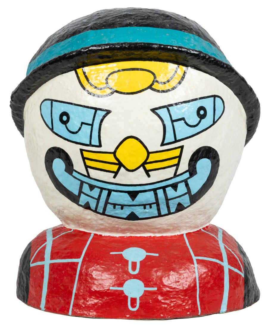 WIRSUM, Karl (American, 1939-2021). Snowball Boy Bust. 1977.: WIRSUM, Karl (American, 1939-2021). Snowball Boy Bust. 1977. Acrylic and paper maché. Inscribed with the artist's name, title, and date on a Museum of Contemporary Art label adhered to underside.