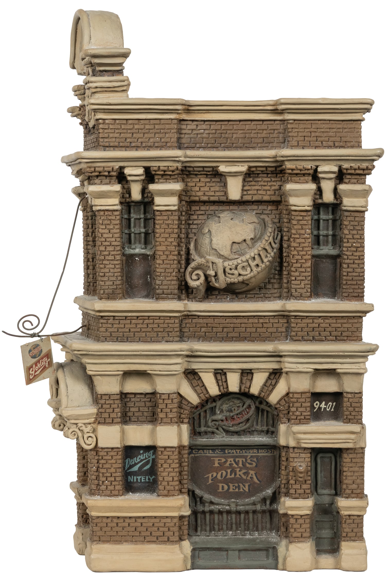 JACOBSEN, Zani (American, 1928 – 1993). Schlitz / Pat's Polka Den. 1985.: JACOBSEN, Zani (American, 1928 – 1993). Schlitz / Pat's Polka Den. 1985. Cast plaster relief with paint. Incised signature on top. Artist's label to verso. Hanger included. 20 x 11 1/2 x 4 1/4".