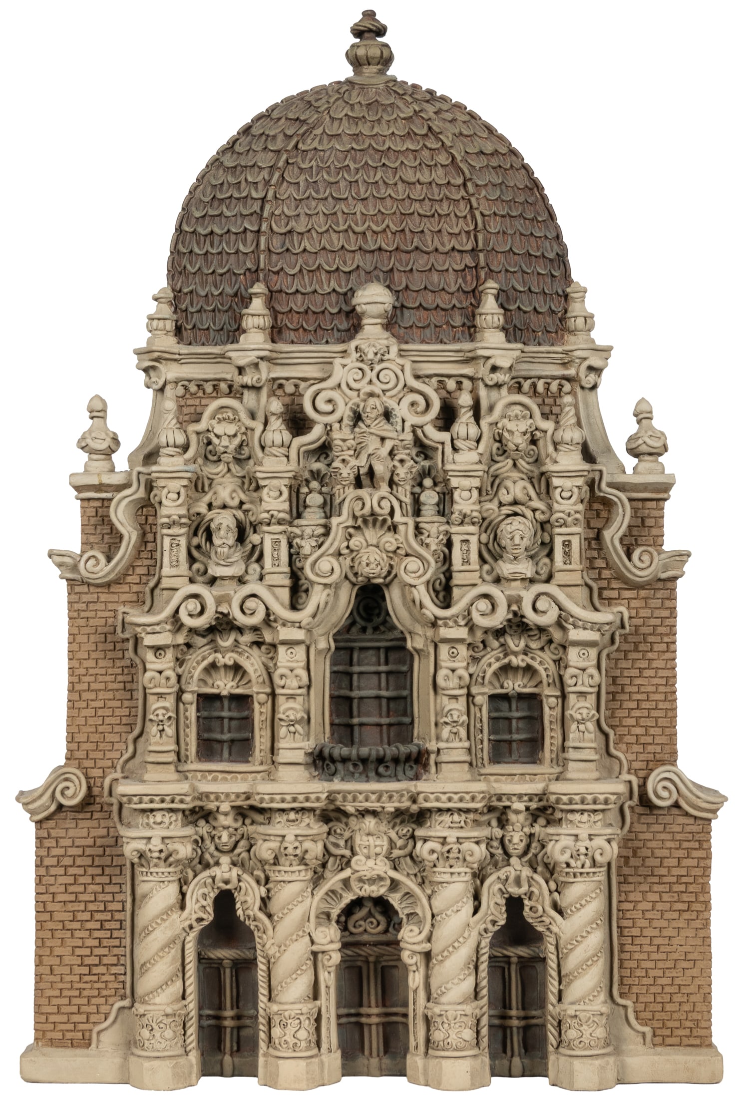 JACOBSEN, Zani (American, 1928 – 1993). Garfield Park Fieldhouse. 1987.: JACOBSEN, Zani (American, 1928 – 1993). Garfield Park Fieldhouse. 1987. Cast plaster relief with paint. Incised signature to mid-right side. 24 x 16 x 3". Artist's label to verso. Hanger include
