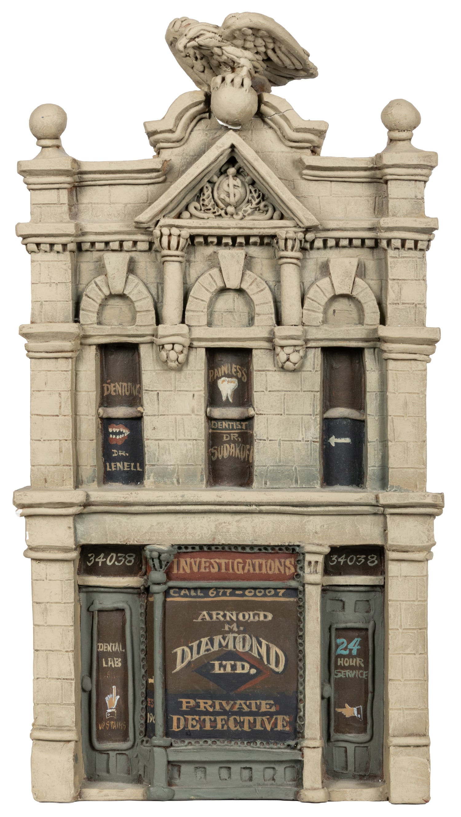 JACOBSEN, Zani (American, 1928 – 1993). Private Detective.: JACOBSEN, Zani (American, 1928 – 1993). Private Detective. Cast plaster relief with paint. Incised signature on left side. Artist's label to verso. 18 x 9 1/4 x 2". Customer pickup or third-part