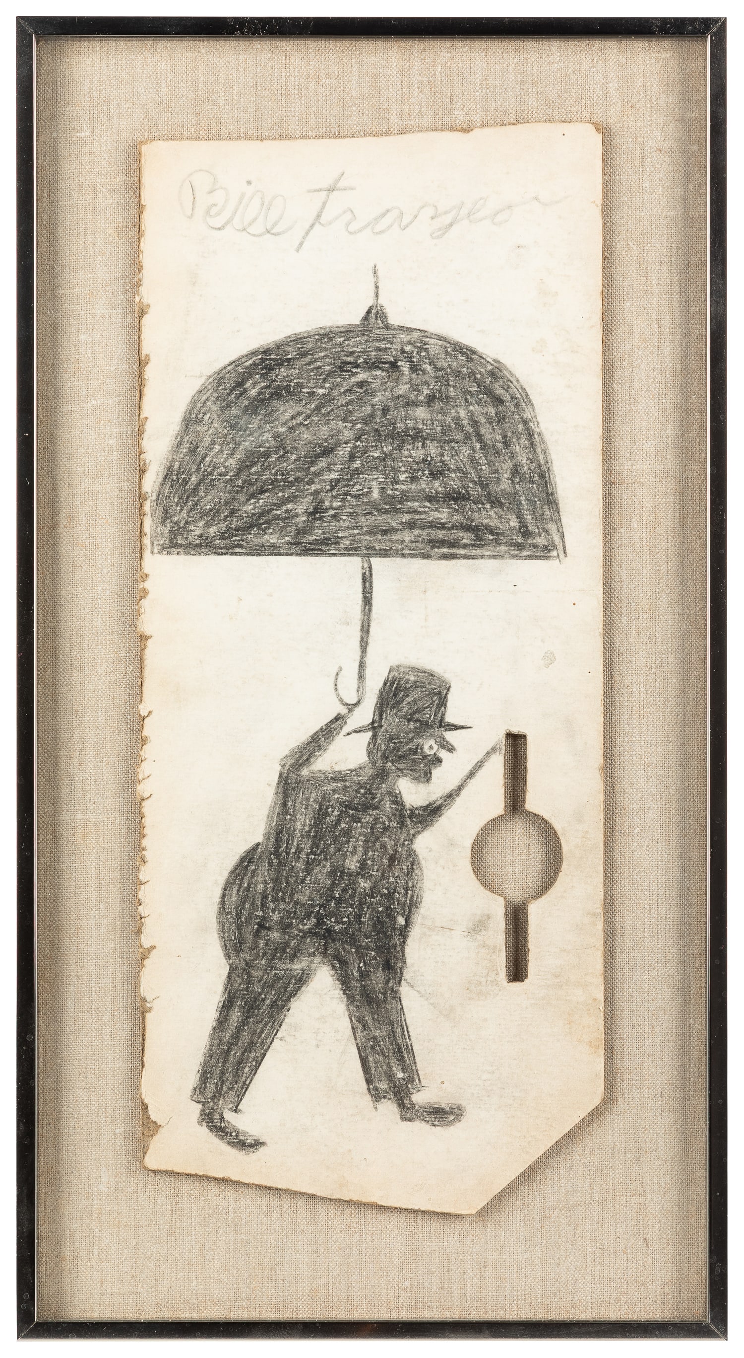 TRAYLOR, Bill (American, 1853-1949). Untitled. (Man Looking into Hole). 1939.: TRAYLOR, Bill (American, 1853-1949). Untitled. (Man Looking into Hole). 1939. Crayon, colored pencil (black) and graphite on thick paperboard with die cut opening. 14 x 6 x 1/4". Frame (glass), 17 1/4