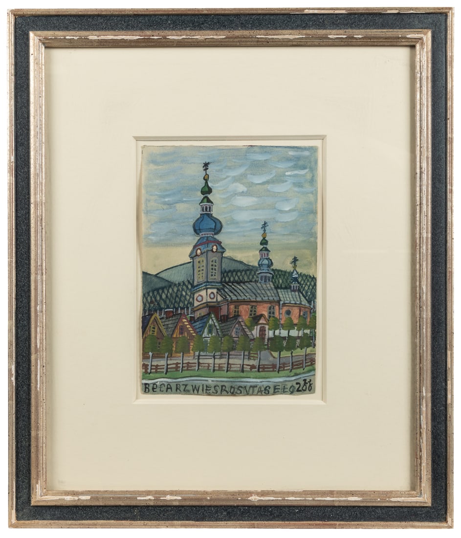 NIKOFOR [KRYNICA] (Polish, 1895-1968). Eglise. (Church). (A Mischievous Person Lives in the: NIKOFOR [KRYNICA] (Polish, 1895-1968). Eglise. (Church). Translation of text at bottom. (A Mischievous Person Lives in the Village). 1895. Gouache on paper. Series of stamps that were often on verso s