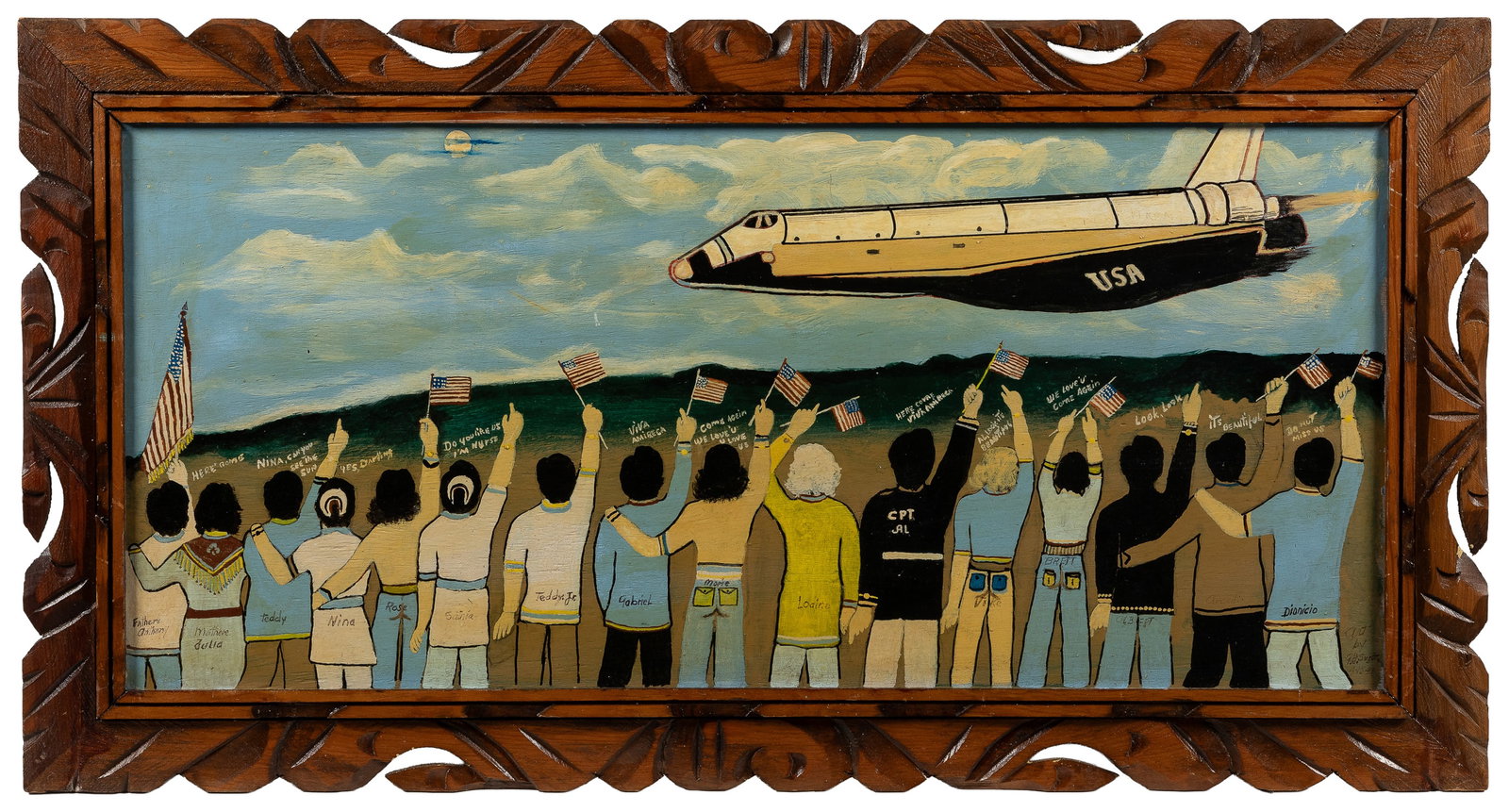 Spectators Cheering the Philippines Independence Day as a United States Rocket/Airship Passes.: Spectators Cheering the Philippines Independence Day as a United States Rocket/Airship Passes. (Philippines, 20th Century). 1981. Oil on panel. Illegible signature recto and verso. 16 x 35 1/4". Frame