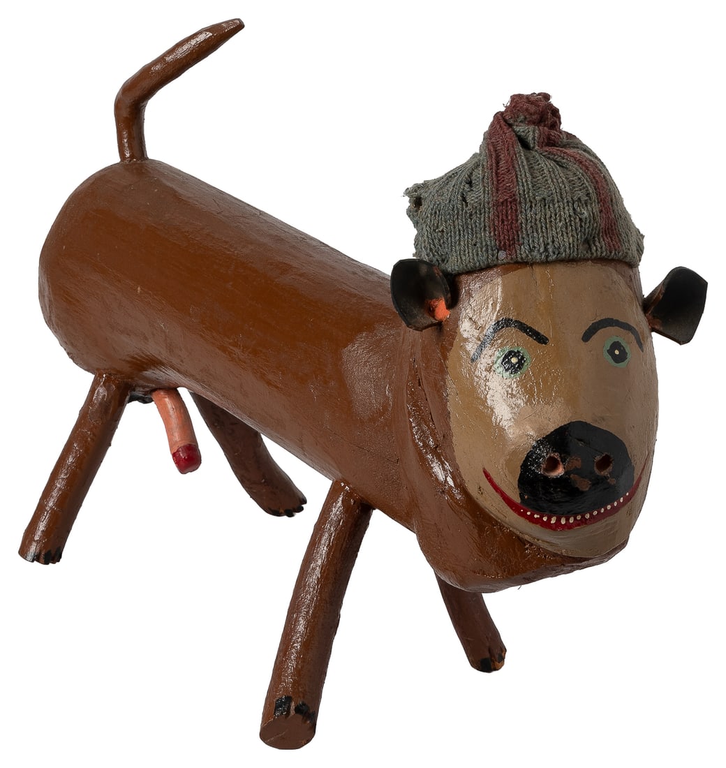 CARPENTER, Miles (American, 1889-1985). Dog. 1974.: CARPENTER, Miles (American, 1889-1985). Dog. 1974. Signed, dated, and inscribed "Waverly, VA." Carved and painted wood and mixed media. 12 x 17 1/2 x 5 1/4".