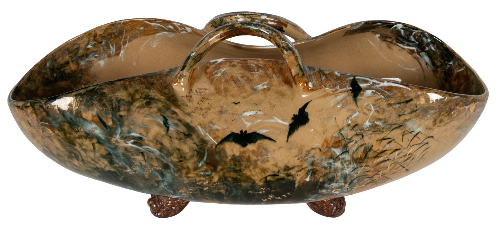 LONGWORTH NICHOLS STORER, Maria (American, 1849-1932) for Rookwood Pottery. Spider and Bat Glazed: LONGWORTH NICHOLS STORER, Maria (American, 1849-1932) for Rookwood Pottery. Spider and Bat Glazed Basket with Lion Head Feet. Initialed M. L. N. inside on bottom in black glaze. 1882. Impressed on the
