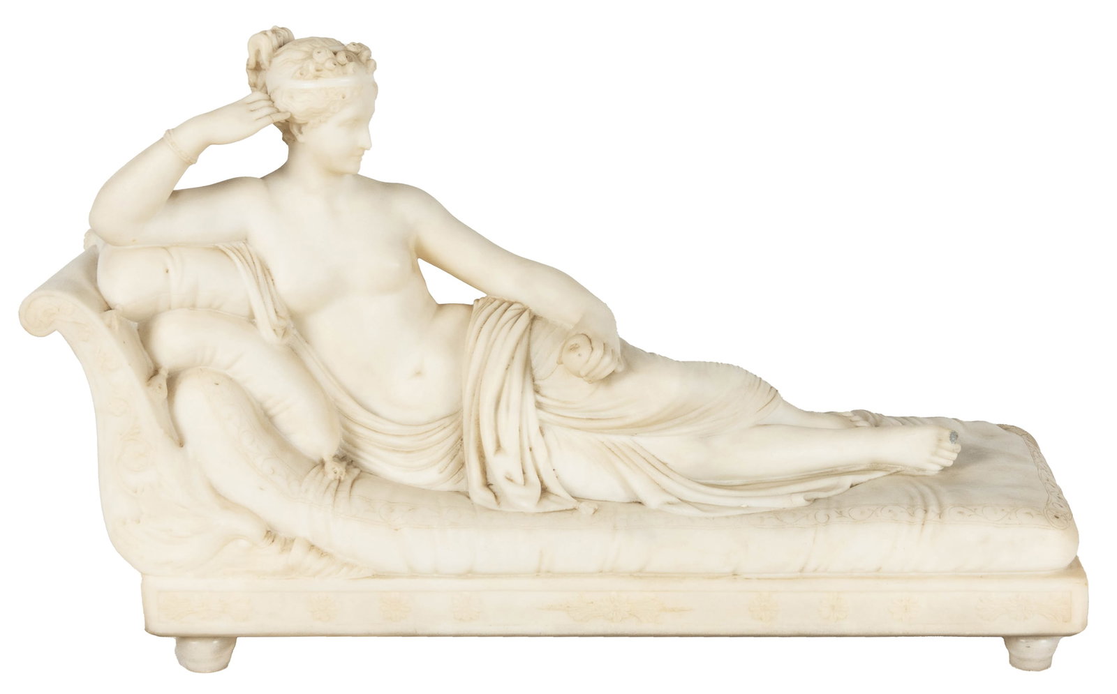 ITALIAN SCHOOL. Reclining Female Figure on a Chaise Lounge. (Early 20th Century).: ITALIAN SCHOOL. Reclining Female Figure on a Chaise Lounge. (Early 20th Century). Faux marble over a cast metallic composite. 14 x 23 x 8". Third Party Shipping required. Piece attached with 4 attache