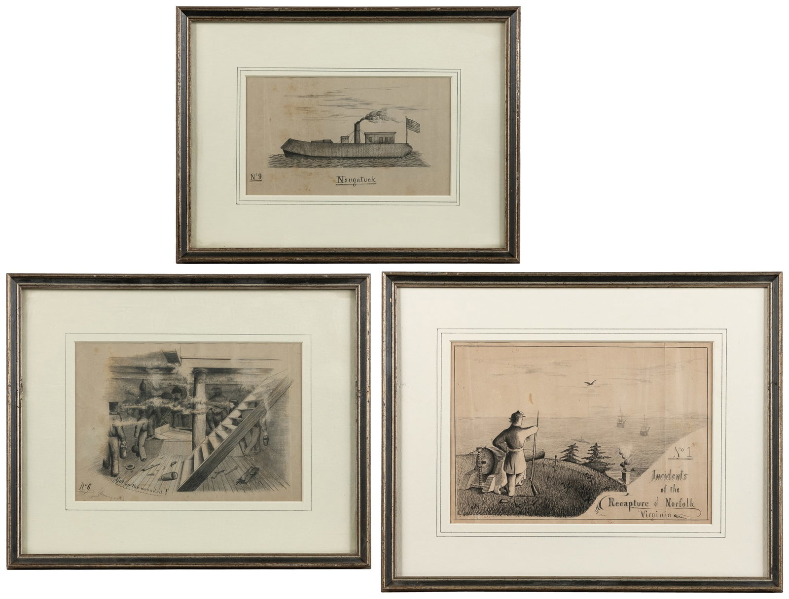 Trio of Civil War Scenes. Late 19th Century.: Trio of Civil War Scenes. Late 19th Century. Including No. 1 Incidents of the Recapture of Norfolk, Virginia; No. 6 Get up the Wounded; and No. 9 Naugatuck. Ink and wash on paper. Largest frame: 11 x 
