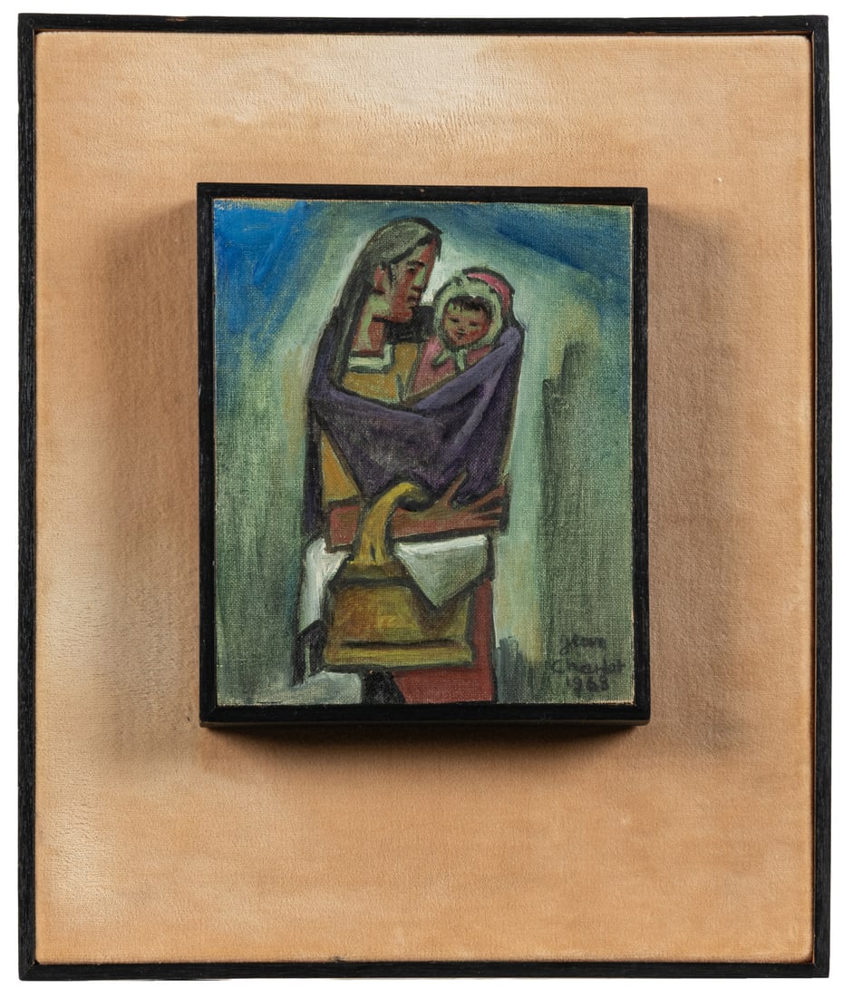 CHARLOT, Jean (French/American, 1898 - 1979). Untitled (Mother and Child). 1968.: CHARLOT, Jean (French/American, 1898 - 1979). Untitled (Mother and Child). 1968. Signed and dated. Oil on canvas laid down on board. 6 x 4 3/4". Frame 11 3/4 x 9 3/4 x 1 1/2".
