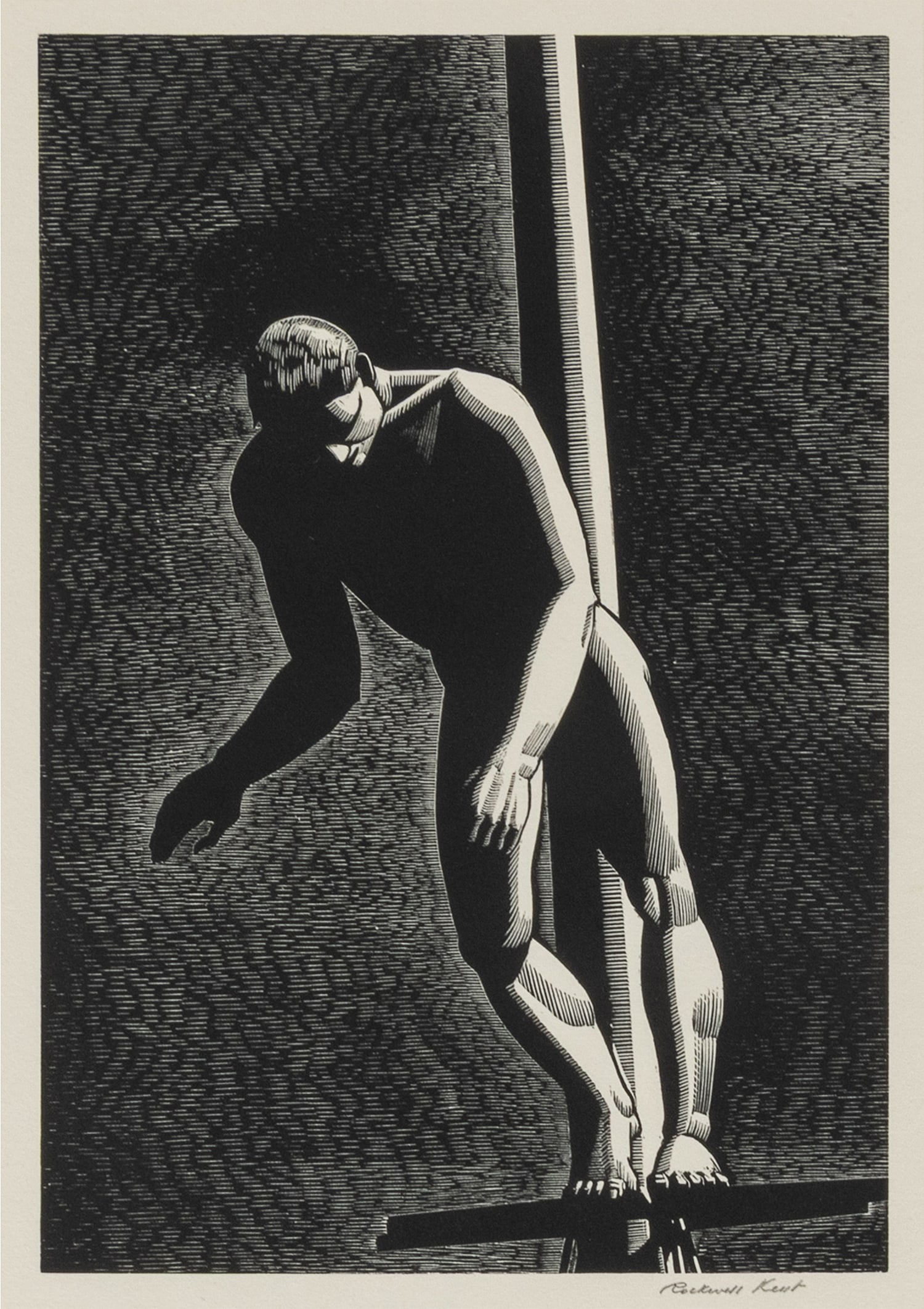 KENT, Rockwell (American, 1882 - 1972). Diver. 1931.: KENT, Rockwell (American, 1882 - 1972). Diver. 1931. Signed in pencil in the margin. Wood engraving on paper. Image: 7 3/4 x 5 1/2". Sheet: 14 1/2 x 11". A Certificate of Authenticity from Associated 