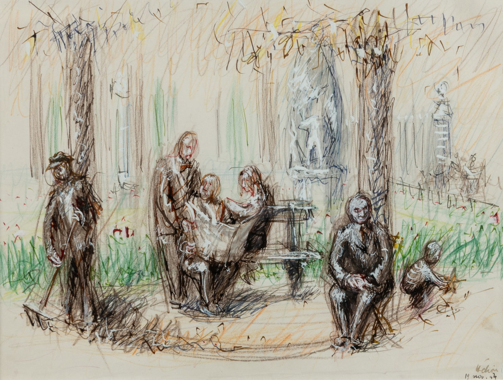 HELION, Jean (French, 1904-1987). Le Parc. 1954.: HELION, Jean (French, 1904-1987). Le Parc. 1954. Signed and dated 19 Nov. 54. Watercolor and ink on paper. An Aaron Galleries label adhered to the reverse. Sight: 9 x 12". Frame: 17 1/4 x 19 1/4 x 1".