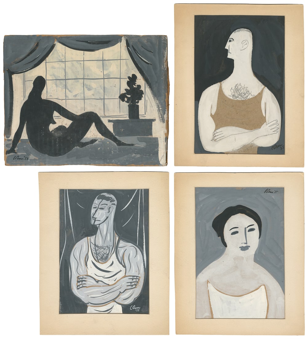 COHN, Harold (American, 1908-1982). Group of Four Modernist Figurative Works. 1955/56.: COHN, Harold (American, 1908-1982). Group of Four Modernist Figurative Works. 1955/56. Gouache on board, largest on cardboard. Signed and dated. Largest 8 1/2 x 10 1/2".