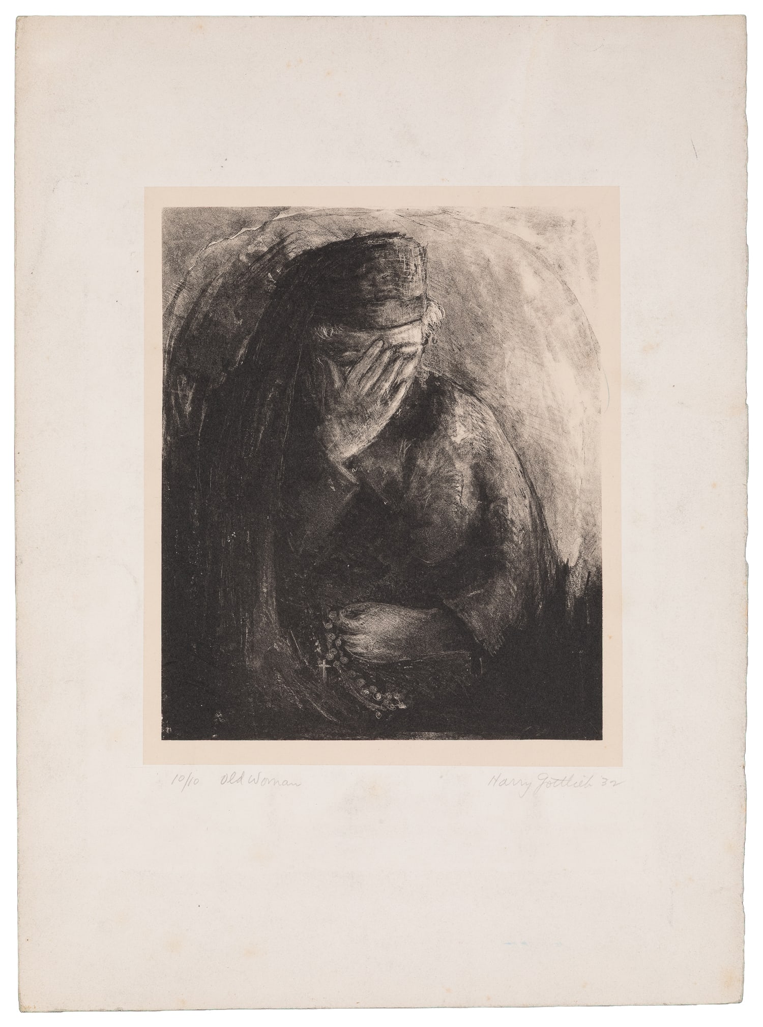 GOTTLIEB, Harry (American, 1895-1993). Old Woman. 1932.: GOTTLIEB, Harry (American, 1895-1993). Old Woman. 1932. Signed, dated, numbered 10/10, and inscribed with the title in pencil. Lithograph on paper laid down on card. Image 9 x 7 1/2". Sheet: 16 3/4 x 