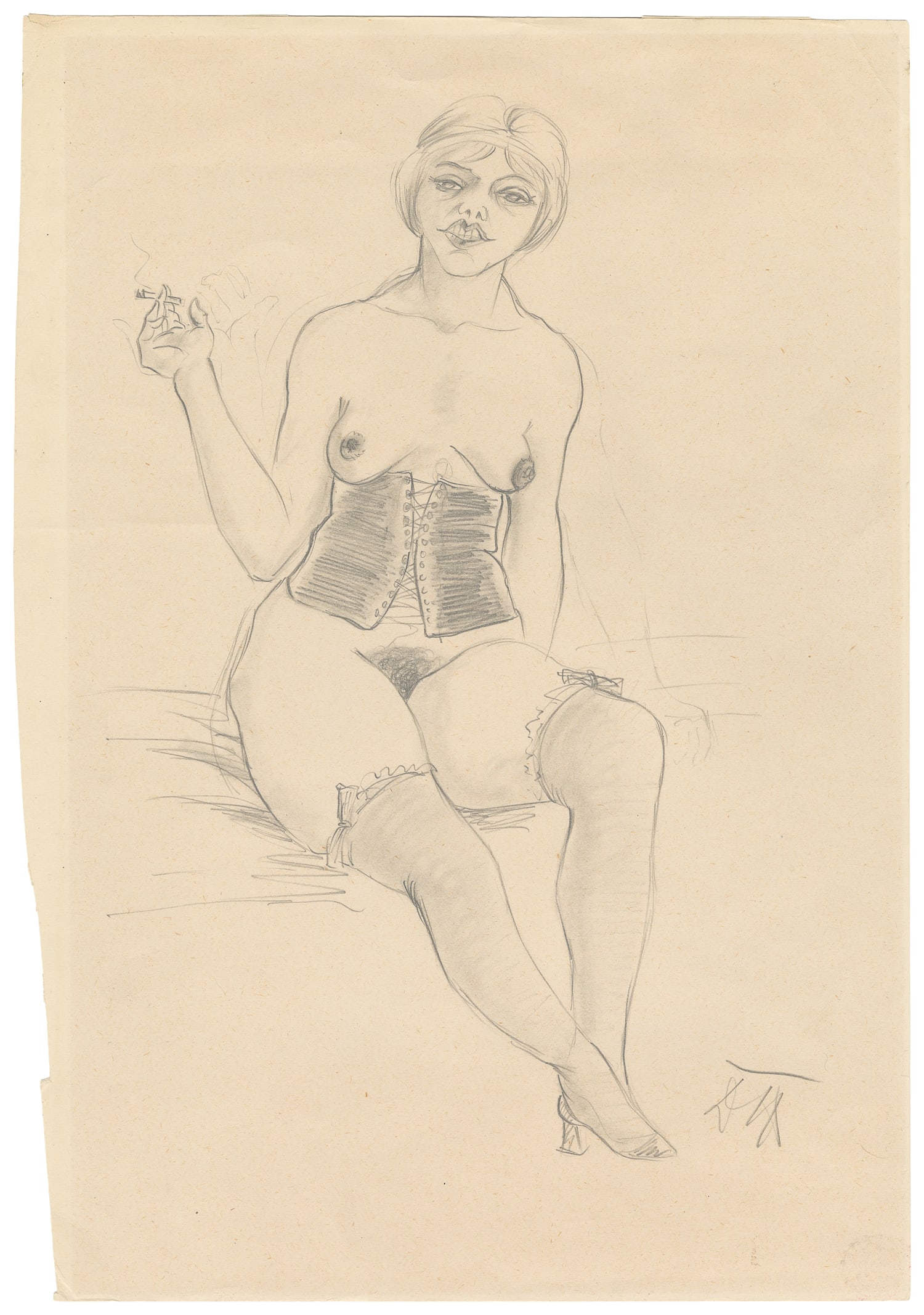 [AFTER] DIX, Otto (German, 1891-1969). Untitled (Female Nude). Circa 1930s.: [AFTER] DIX, Otto (German, 1891-1969). Untitled (Female Nude). Circa 1930s. Signed. Graphite on paper. 16 x 11". Bears the Galerie Georges Giroux logo stamp on recto and verso. Further bears a red sta