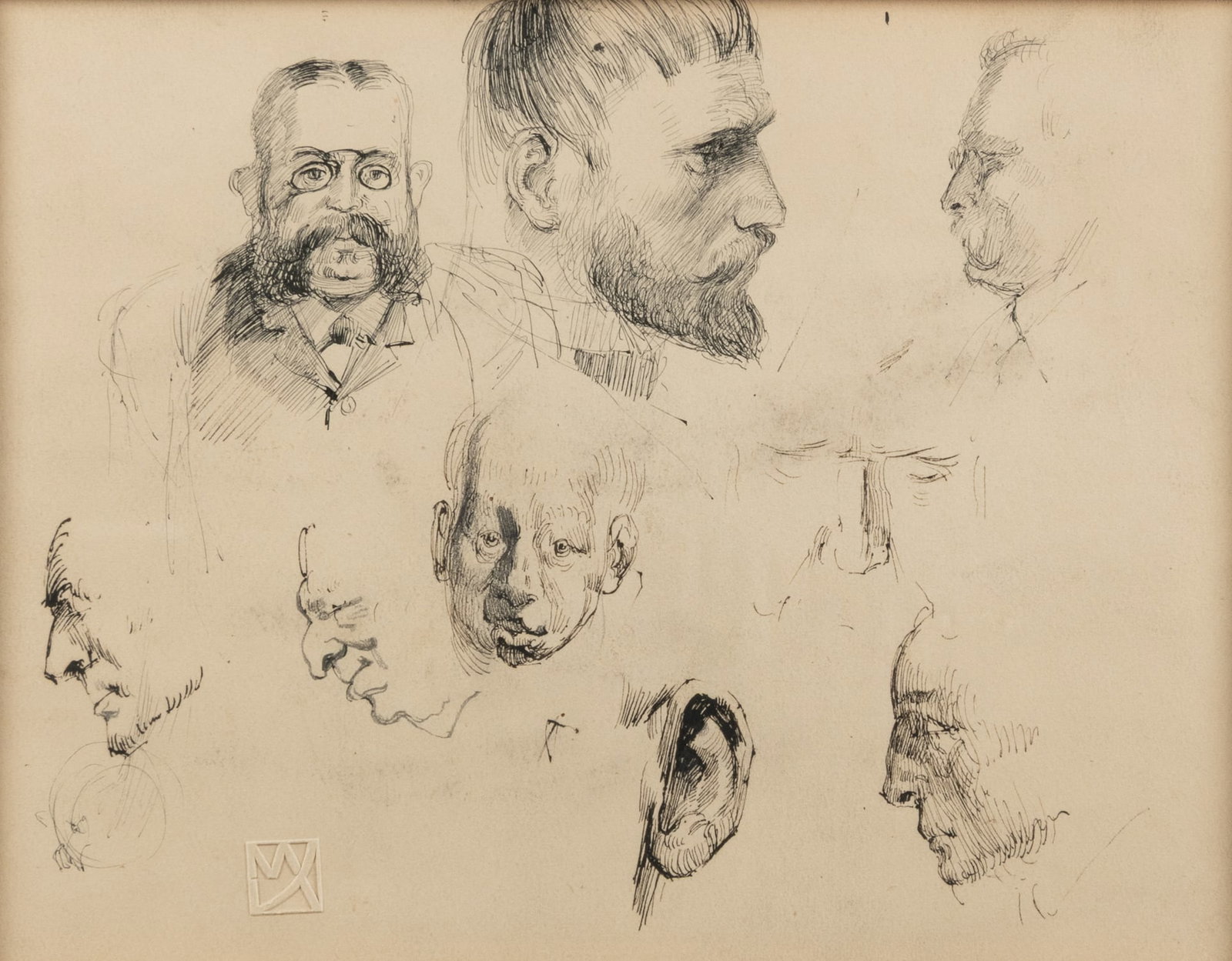 KURZWEIL, Max (Austrian, 1867-1916). Studies of Men's Heads.: KURZWEIL, Max (Austrian, 1867-1916). Studies of Men's Heads. With artist's monogram embossed stamp. Pen and ink on paper. With Felix Landau Gallery and Adele Bednarz Galleries labels adhered to revers