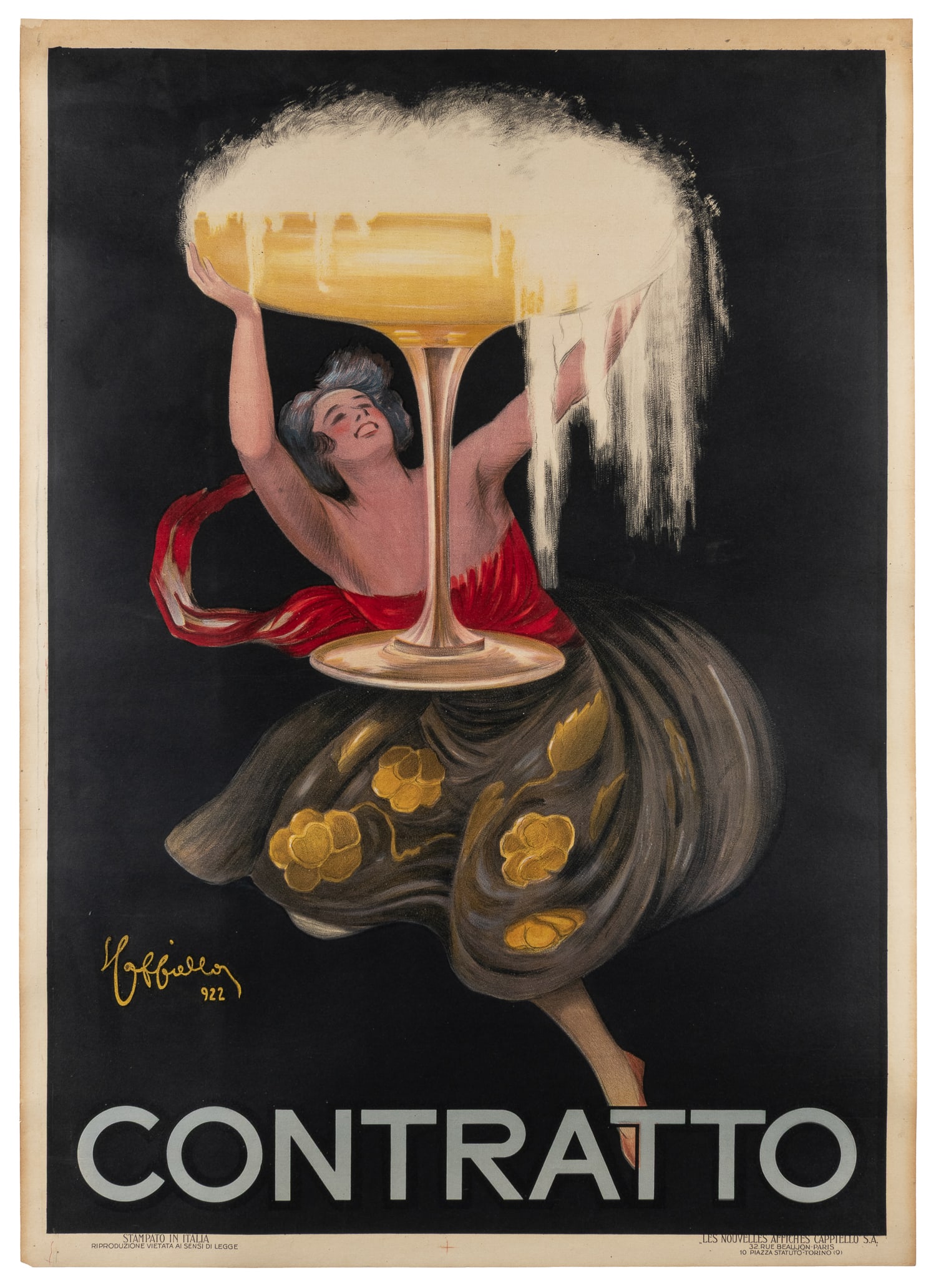 CAPIELLO, Leonetto (1875 – 1942). Contratto. 1922. [Paris: Imp. Devambez].: CAPIELLO, Leonetto (1875 – 1942). Contratto. 1922. [Paris: Imp. Devambez]. Color lithograph poster with the iconic illustration of an oversized and overflowing champagne glass held up by a woman