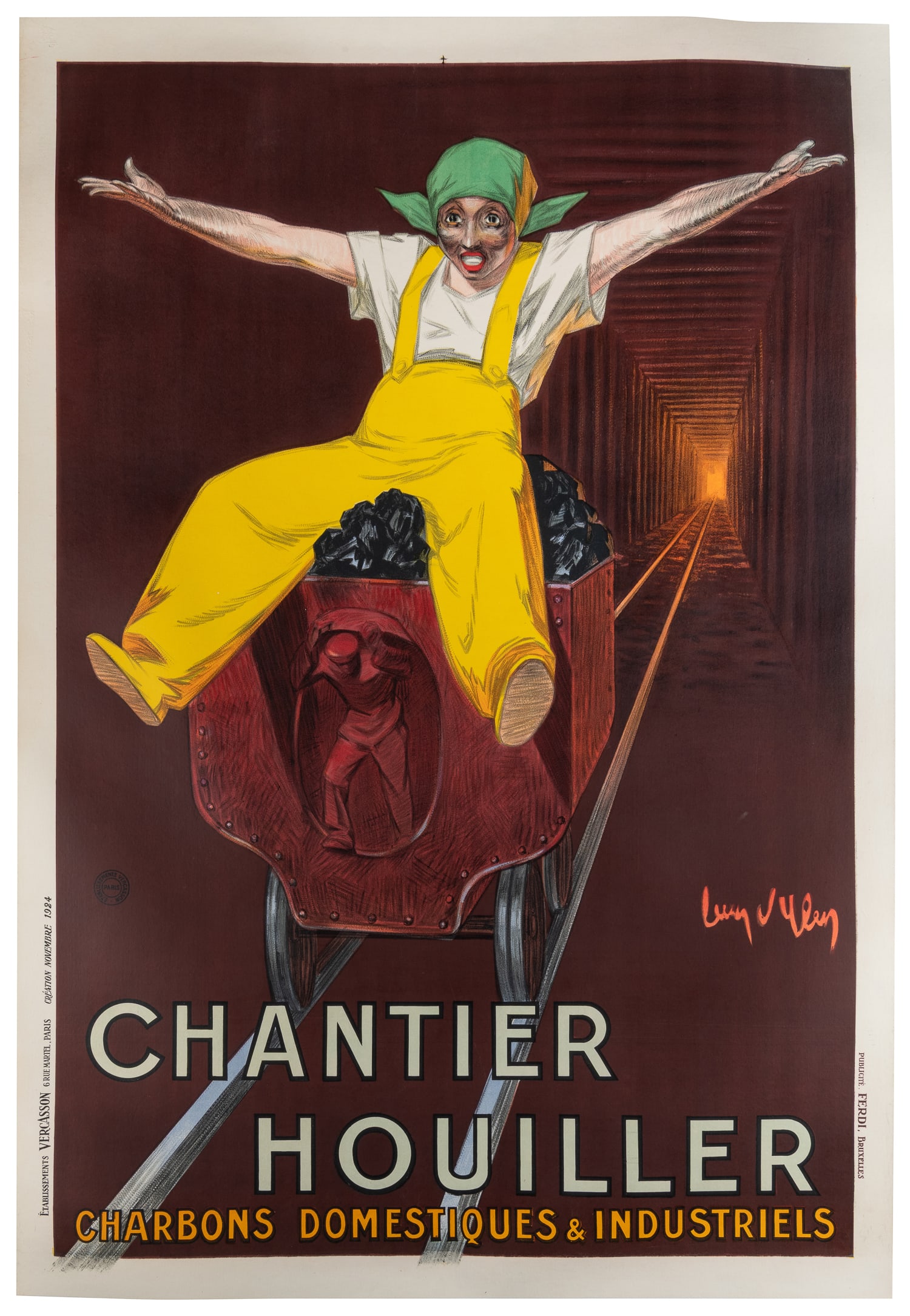 D’YLEN, Jean (1866–1938). Chantier Houiller. 1924.: D’YLEN, Jean (1866–1938). Chantier Houiller. 1924. Paris: Vercasson. Color lithograph coal advertising poster. A miner emerges from a tunnel on a cart loaded with coal, his face and arms c