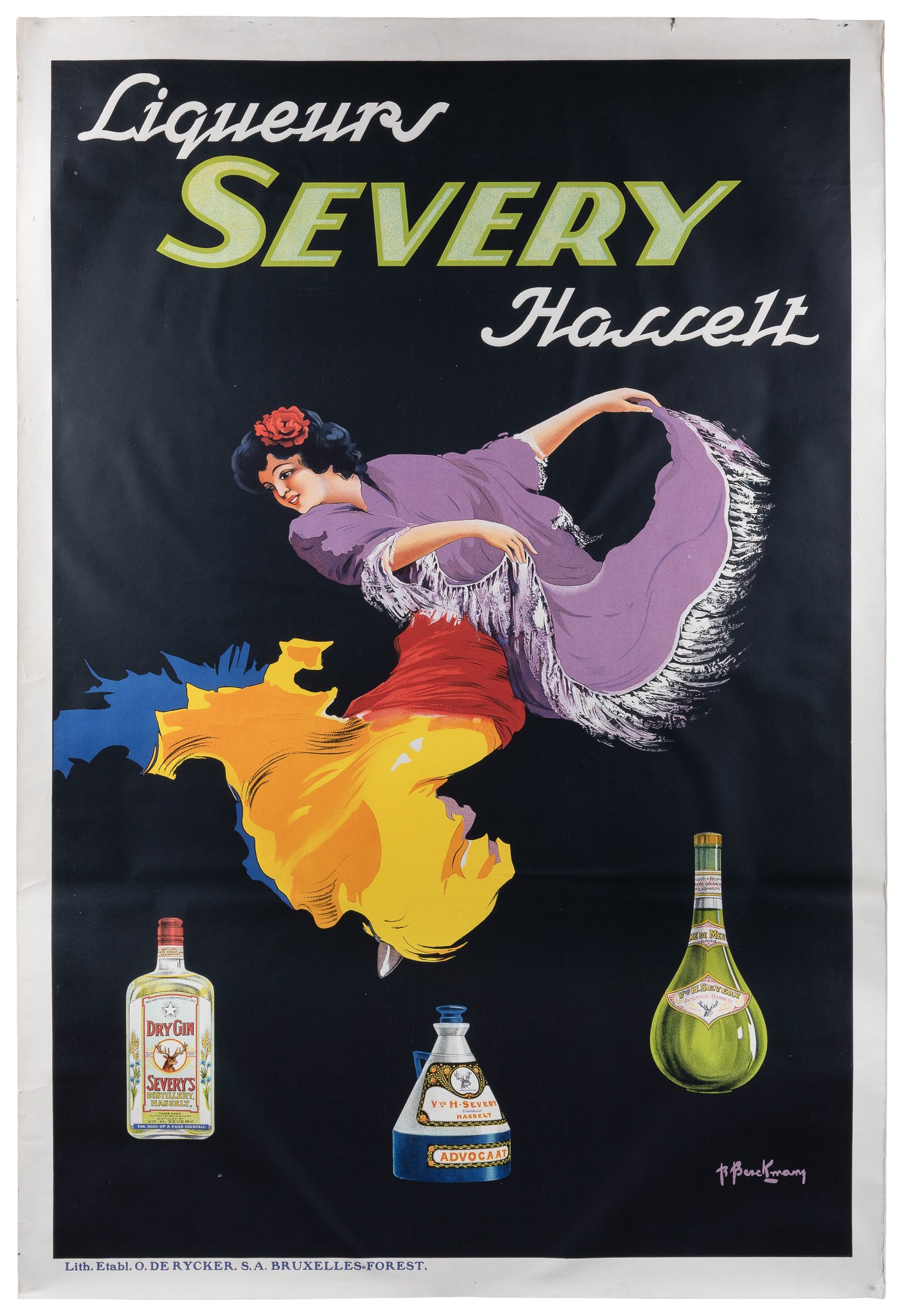 BERCKMANS, Roger. Liqueurs Severy Hasselt.: BERCKMANS, Roger. Liqueurs Severy Hasselt. Brussels: O De Rycker, ca. 1920s. Poster advertising Severy’s gin, advocaat, and crème de menthe liqueurs with an illustration of a Spanish flamen
