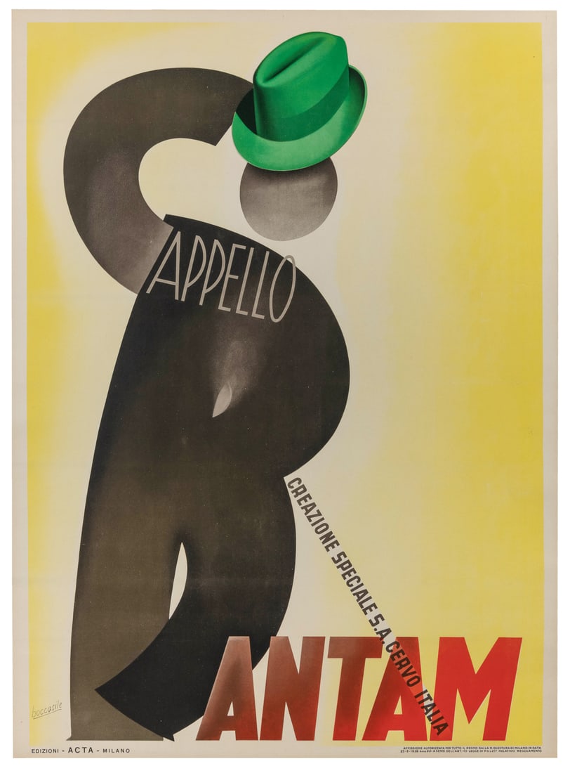 BOCCASILE, Gino (1901 – 1952). Cappello Bantam. 1938.: BOCCASILE, Gino (1901 - 1952). Cappello Bantam. 1938. Milan: Edizioni Acta. Color lithograph poster for the Italian hatmakers of the Capello Bantam. Linen backed. 54 1/2 x 39 1/2".