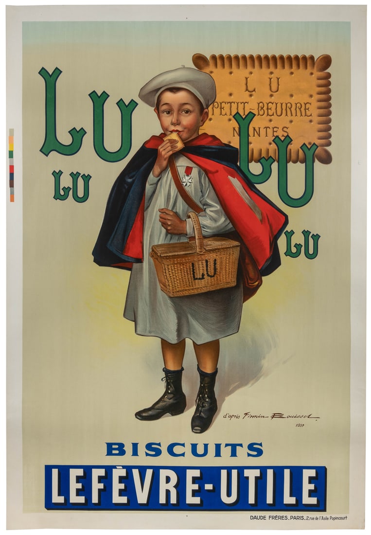 BOUISSET, Firmin (1859 - 1925). Lulu Biscuits.: BOUISSET, Firmin (1859 - 1925). Lulu Biscuits. Paris: Freres Daude, ca. 1930s. Color stone lithograph poster depicting a French schoolboy carrying a basket and taking a bite from a biscuit. Bouisset c