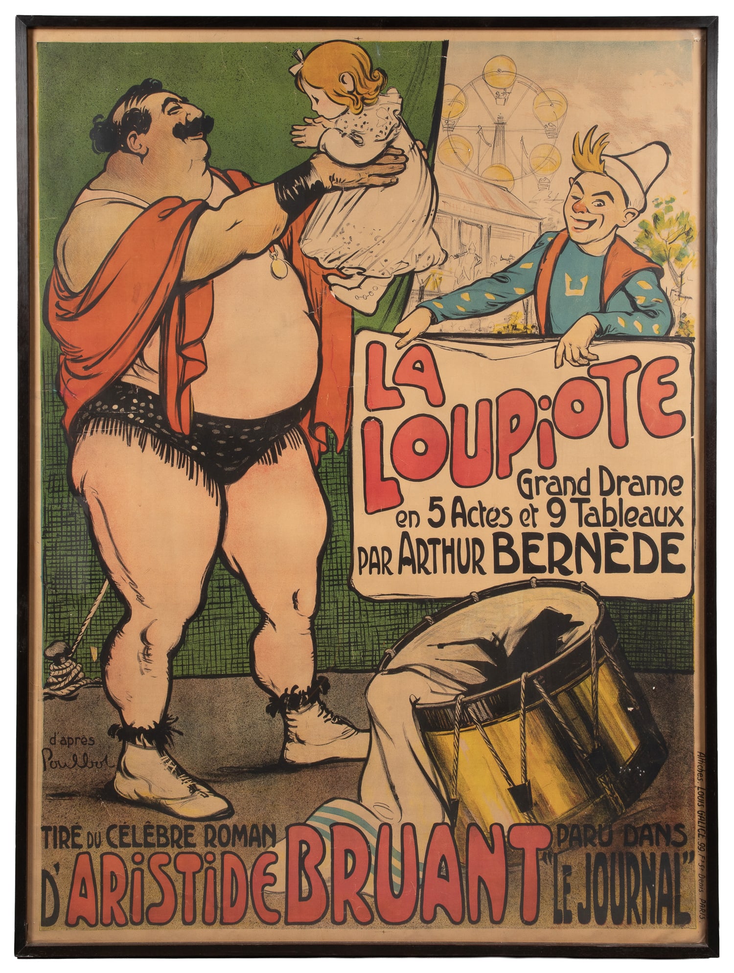 POULBOT, Francisque (1879 - 1946). La Loupiote.: POULBOT, Francisque (1879 - 1946). La Loupiote. Paris: Louis Galice, ca. 1890. Color stone lithograph poster. A circus performer lifts a baby in his arms, while a clown looks on with a carnival in the