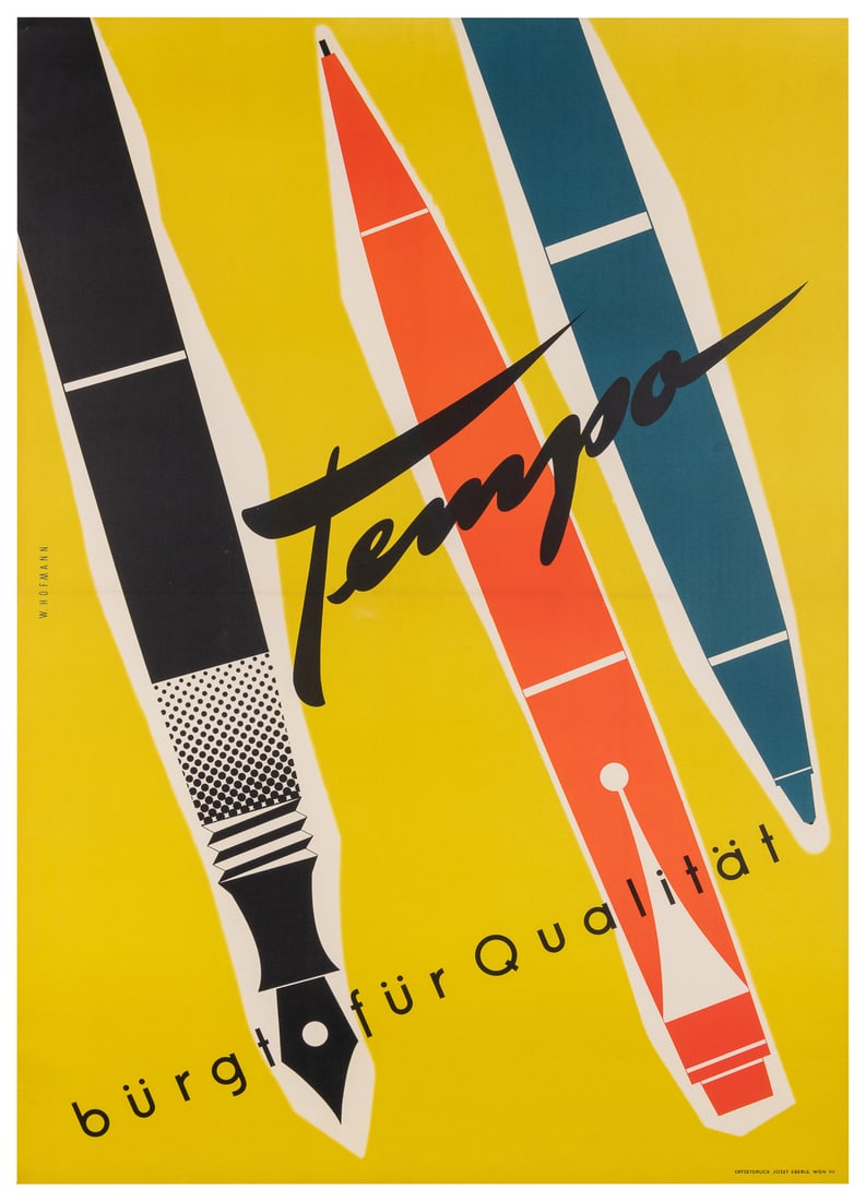 HOFMANN, Walter (1906 – 1973). Tempo. 1955.: HOFMANN, Walter (1906 - 1973). Tempo. 1955. Switzerland: Josef Eberle. Poster with three pens outlined in white on a chartreuse background. Linen backed. 46 1/2 x 33".