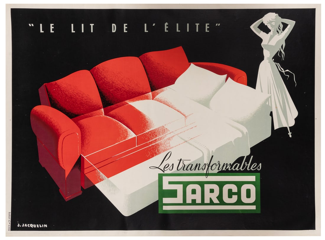 JACQUELIN, J. Sarco / Les Transformables. Circa 1950s.: JACQUELIN, J. Sarco / Les Transformables. Circa 1950s. Furniture advertising poster depicting a bright red convertible sofa with a woman getting ready for bed and letting down her hair. Linen backed. 