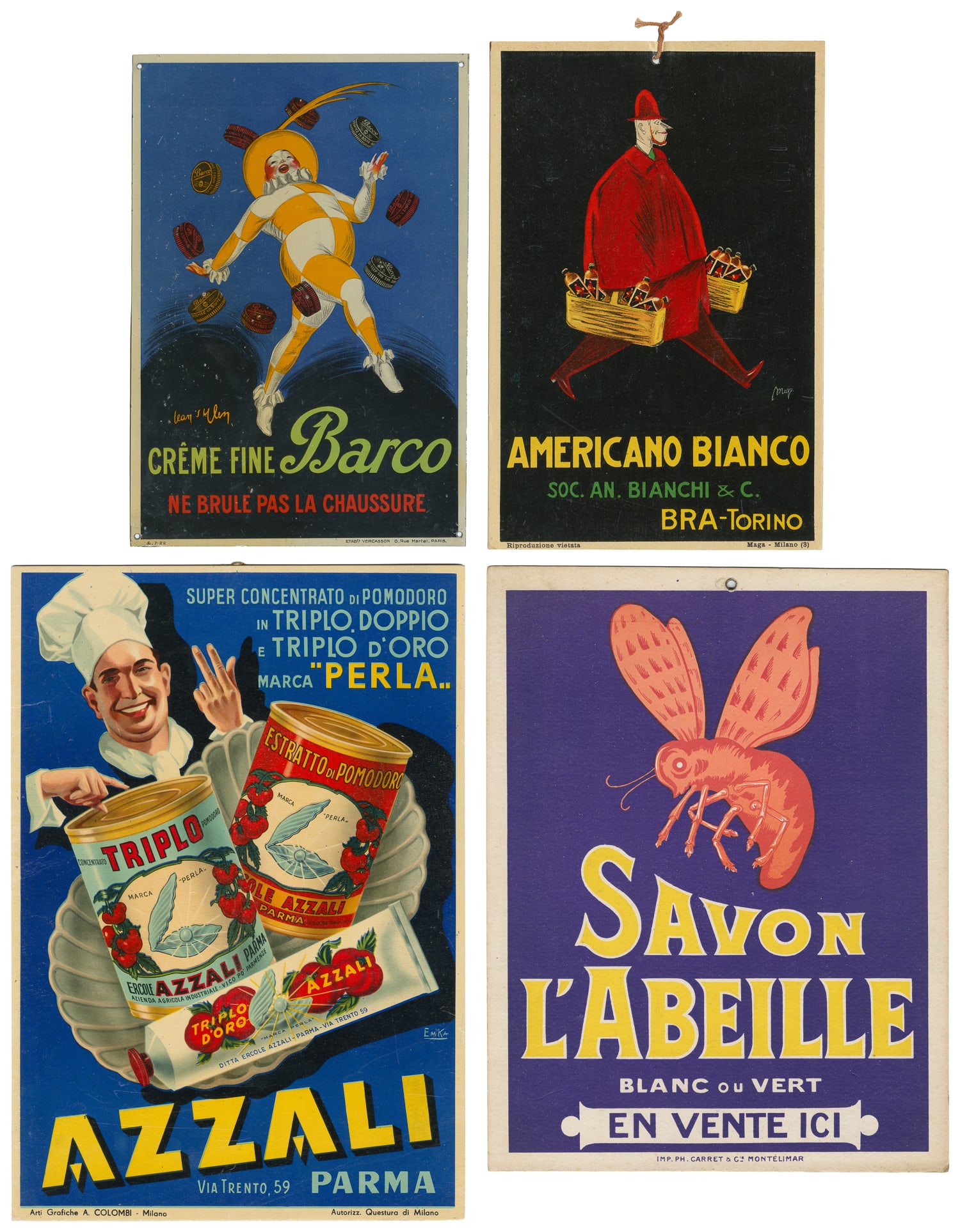 Four Italian and French advertising signs. V.p., ca. 1940s.: Italian and French Advertising Signs. V.p., ca. 1940's. A group of four small tin and cardstock advertisements for L'Abeille soap, Barco shoe polish, Azzali tomato paste, and Bianchi Americano
