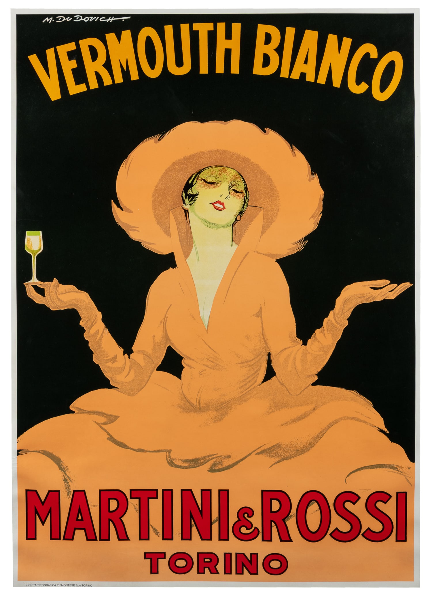 DUDOVICH, Marcello. Vermouth Bianco / Martini & Rossi Torino.: DUDOVICH, Marcello. Vermouth Bianco / Martini & Rossi Torino. Turin: Societa Tipografica Piemontese SpA, ca 1980s. Offset lithograph. Originally designed and issued in the 1920s, this is a later