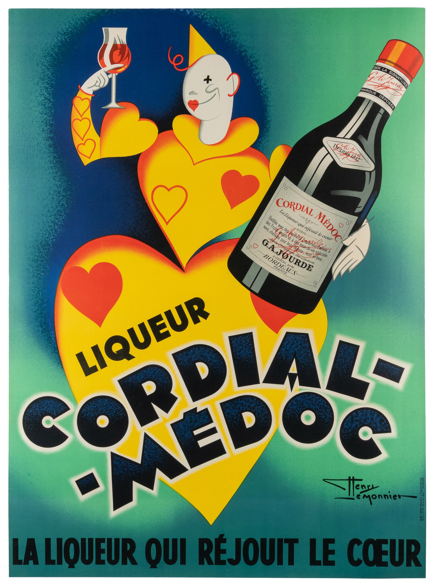 LE MONNIER, Henry (1893-1978). Cordial Medoc. Paris: Bedos & Cie, ca. 1930s.: LE MONNIER, Henry (1893-1978). Cordial Medoc. Paris: Bedos & Cie, ca. 1930s. Lithographic advertising poster depicting a heart-shaped clown with a bottle of Cordial Medoc liqueur. This is the larger