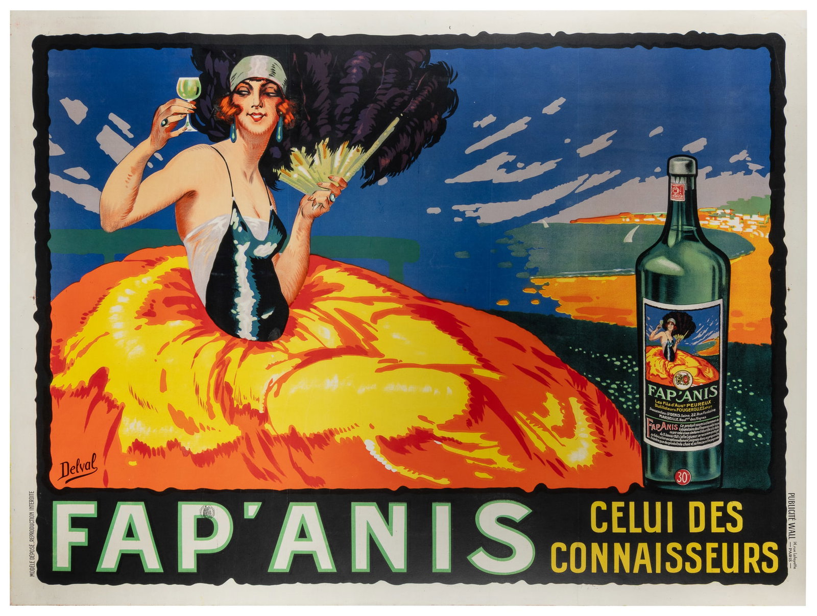 DELVAL. Fap’Anis / Celui Des Connaisseurs. Paris: Wall, ca. 1930s.: DELVAL. Fap’Anis / Celui Des Connaisseurs. Paris: Wall, ca. 1930s. Lithographic poster advertising the liqueur. The image also appears as the bottle-label. Linen backed. 63 x 47".