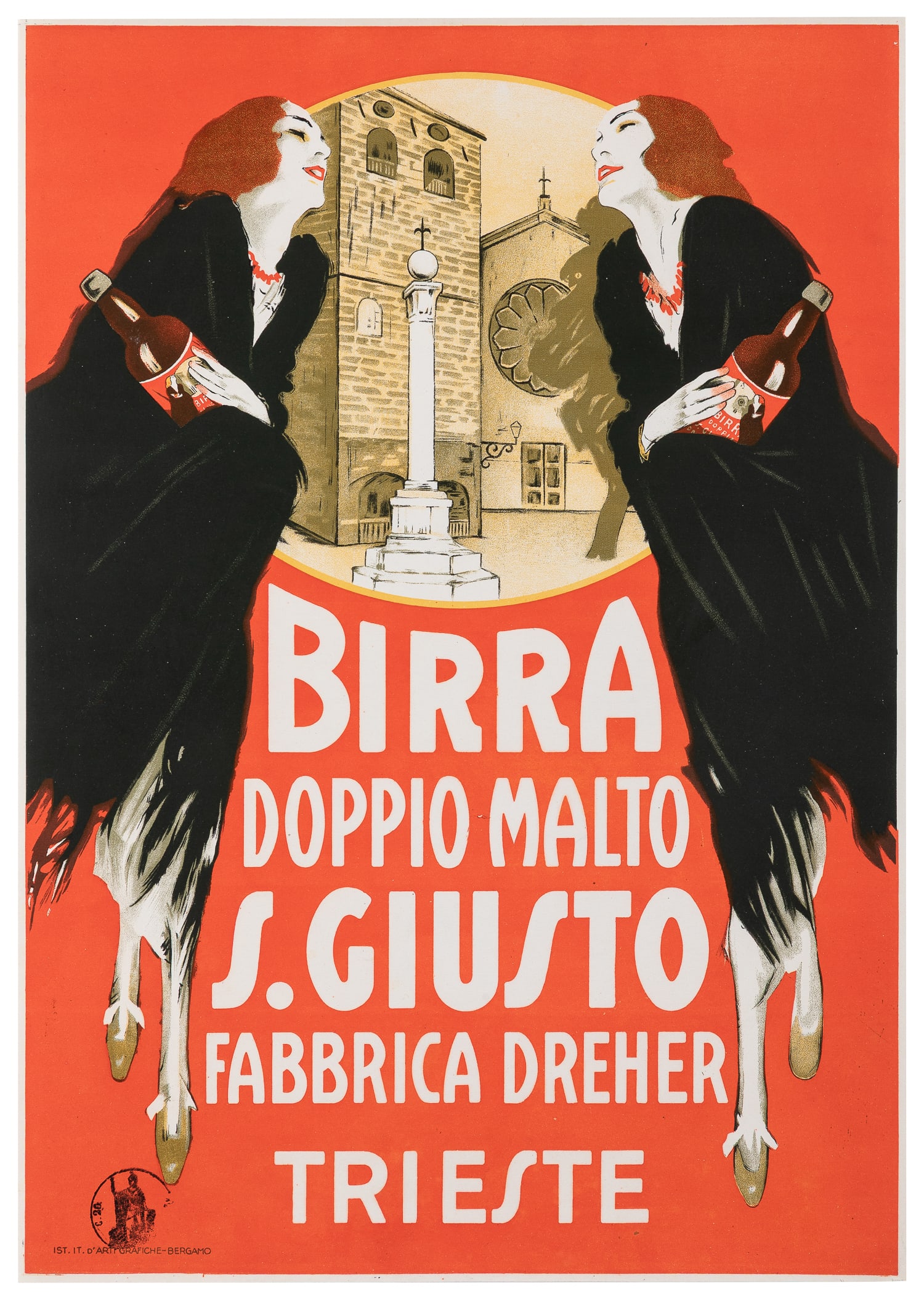 Birra Doppio Malto S. Giusto.: Birra Doppio Malto S. Giusto. Bergamo: D'Arti Grafiche, ca. 1920s. Lithograph poster advertising this Italian beer. Linen backed. 18 1/2 x 13".