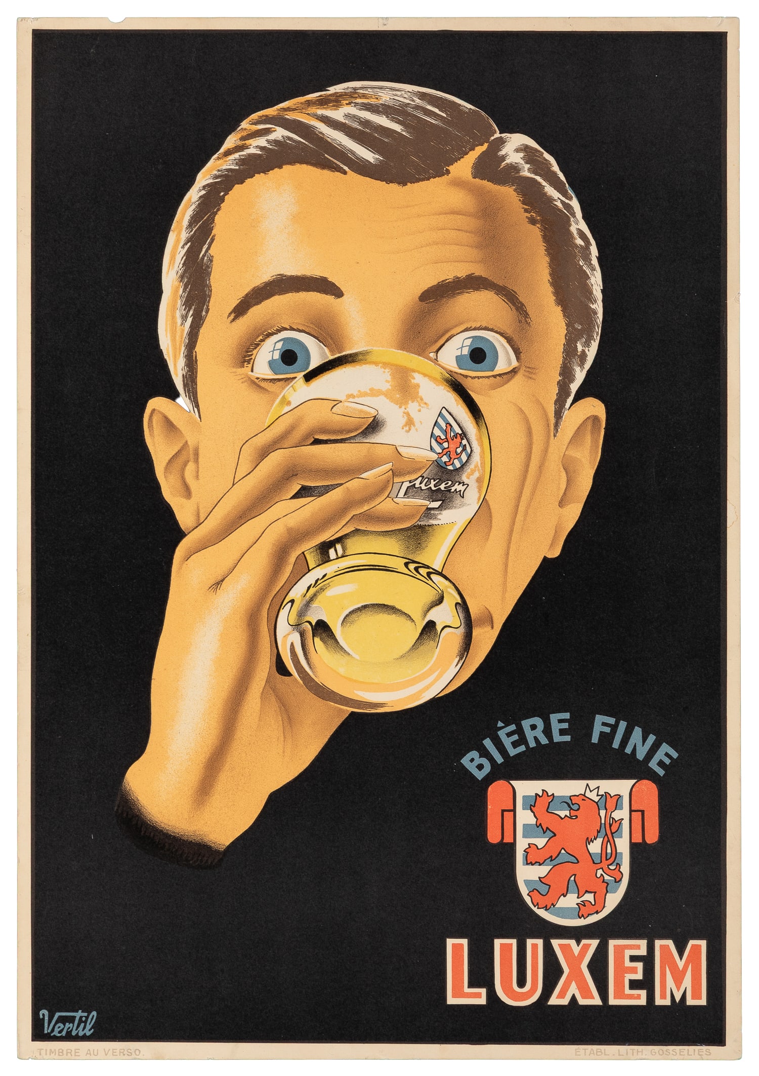 VERTIL. Luxem. Biere Fine. Circa 1930s.: VERTIL. Luxem. Biere Fine. Belgium: Lith. Gosselies, ca. 1930s. Color lithograph poster advertising the Belgian beer. Paper. 19 3/8 x 13 1/2".