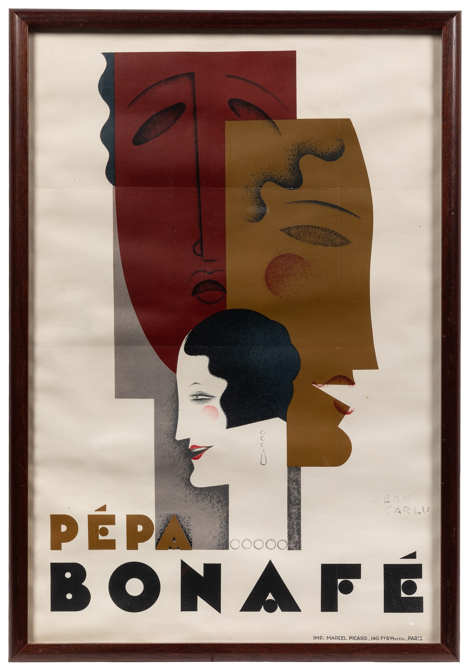 CARLU, Jean (1900 - 1997). Pepa Bonafe. 1928.: CARLU, Jean (1900 - 1997). Pepa Bonafe. 1928. Paris: Marcel Picard. Color lithograph poster for the actress, depicted in profile with theatrical masks in the background. Framed (linen backed). Sight