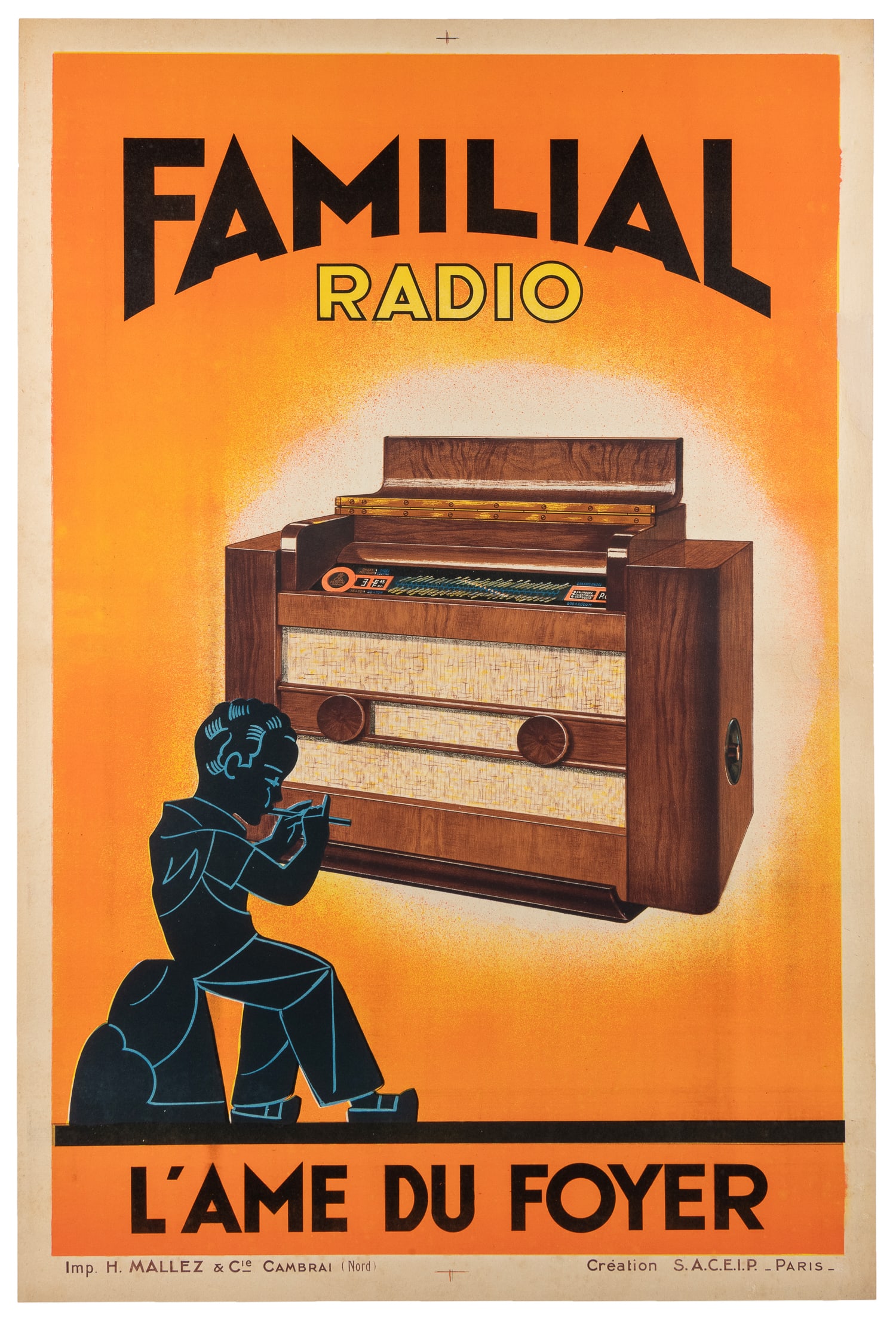 Familial Radio / L'Ame du Foyer.: Familial Radio / L'Ame du Foyer. Cambrai: H. Mallez & Cie, ca. 1930s. Color lithograph product advertising poster featuring a radio with a wooden cabinet, and a silhouette of a boy playing a flute. Li