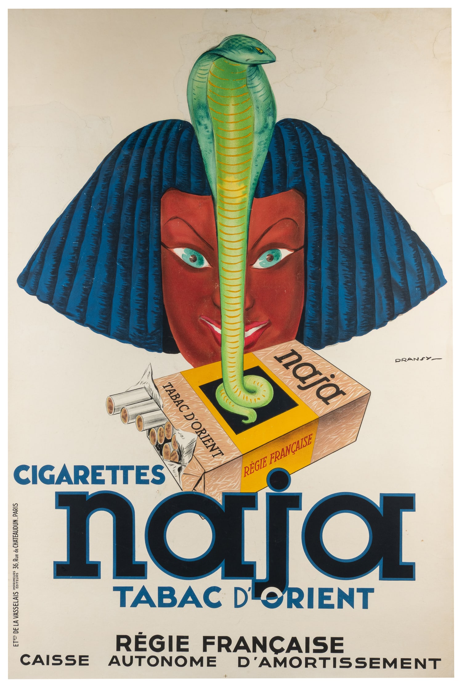 DRANSY, Jules Isnard (1883-1945). Cigarettes Naja / Tabac D'Orient. Paris: Vasselais, ca. 1937. (1 of 1)