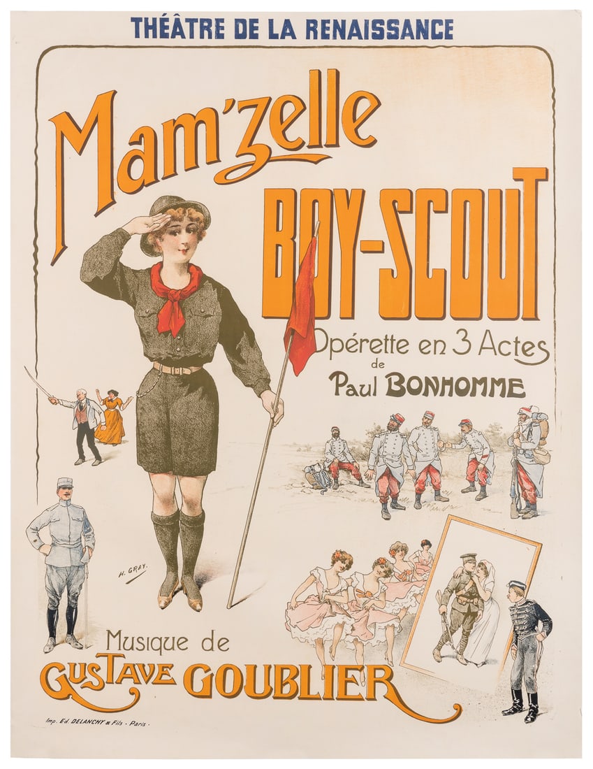 GRAY, Henri (1858 – 1924). Mam’zelle / Boy - Scout.: GRAY, Henri (1858 - 1924). Mam'zelle Boy - Scout. Paris: Delanchy & Fils. Poster for the three act operetta by Paul Bonhomme with music by Gustave Goublier. Linen backed 34 x 26 1/4".