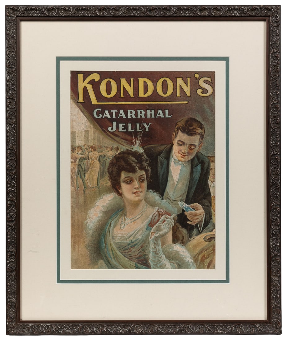 Kondon's Catarrhal Jelly.: Kondon's Catarrhal Jelly. American, ca. 1910s. Lithograph poster for this medicine for nasal congestion and inflammation (catarrh). Framed, 24 1/2 x 20"; sight 14 3/4 x 11".