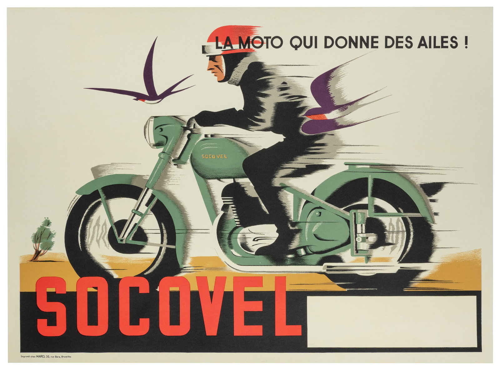 Socovel motorcycle advertising poster.: Socovel motorcycle advertising poster. Brussels: Chez Marci. An advertising poster featuring a man racing through the street on the advertised motorcycle, birds keeping up with him. Linen backed. 24
