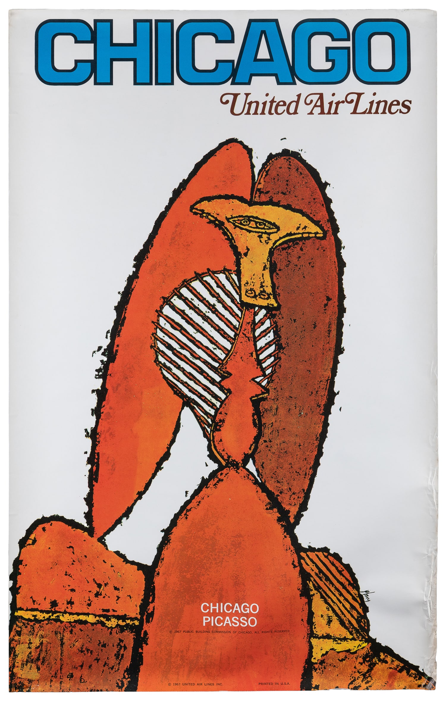JEBARY, James. United Air Lines / Chicago. 1967.: JEBARY, James. United Air Lines / Chicago. 1967. Airline poster with an illustration of the Picasso statue in Daley Plaza. Paper. 40 x 25".