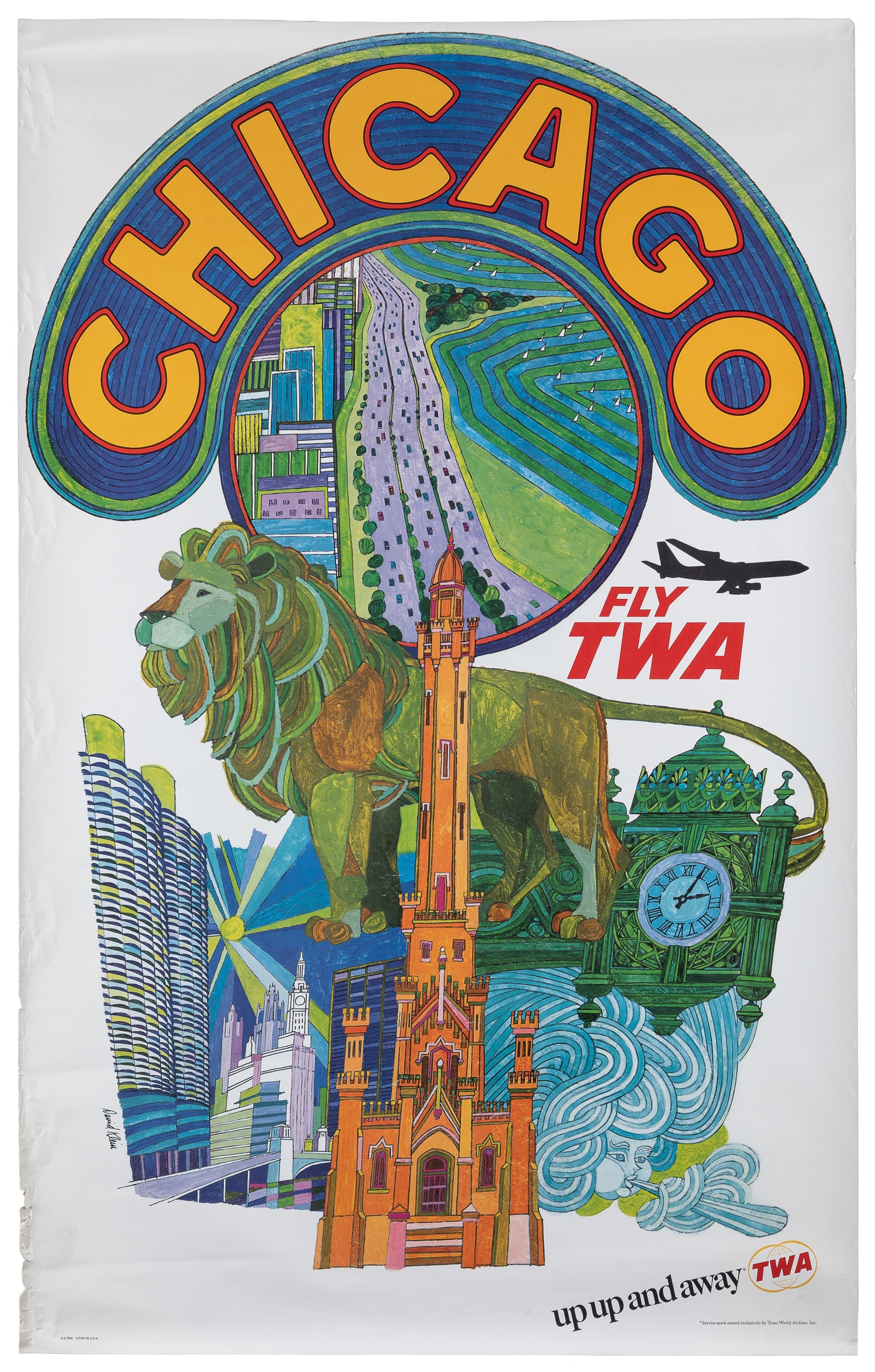 KLEIN, David (1918 - 2005). Fly TWA / Chicago.: KLEIN, David (1918 - 2005). Fly TWA / Chicago. Circa 1970s. Color lithograph travel poster featuring Lake Shore Drive, the Water Tower, one of the Art Institute Lions, and other city landmarks in