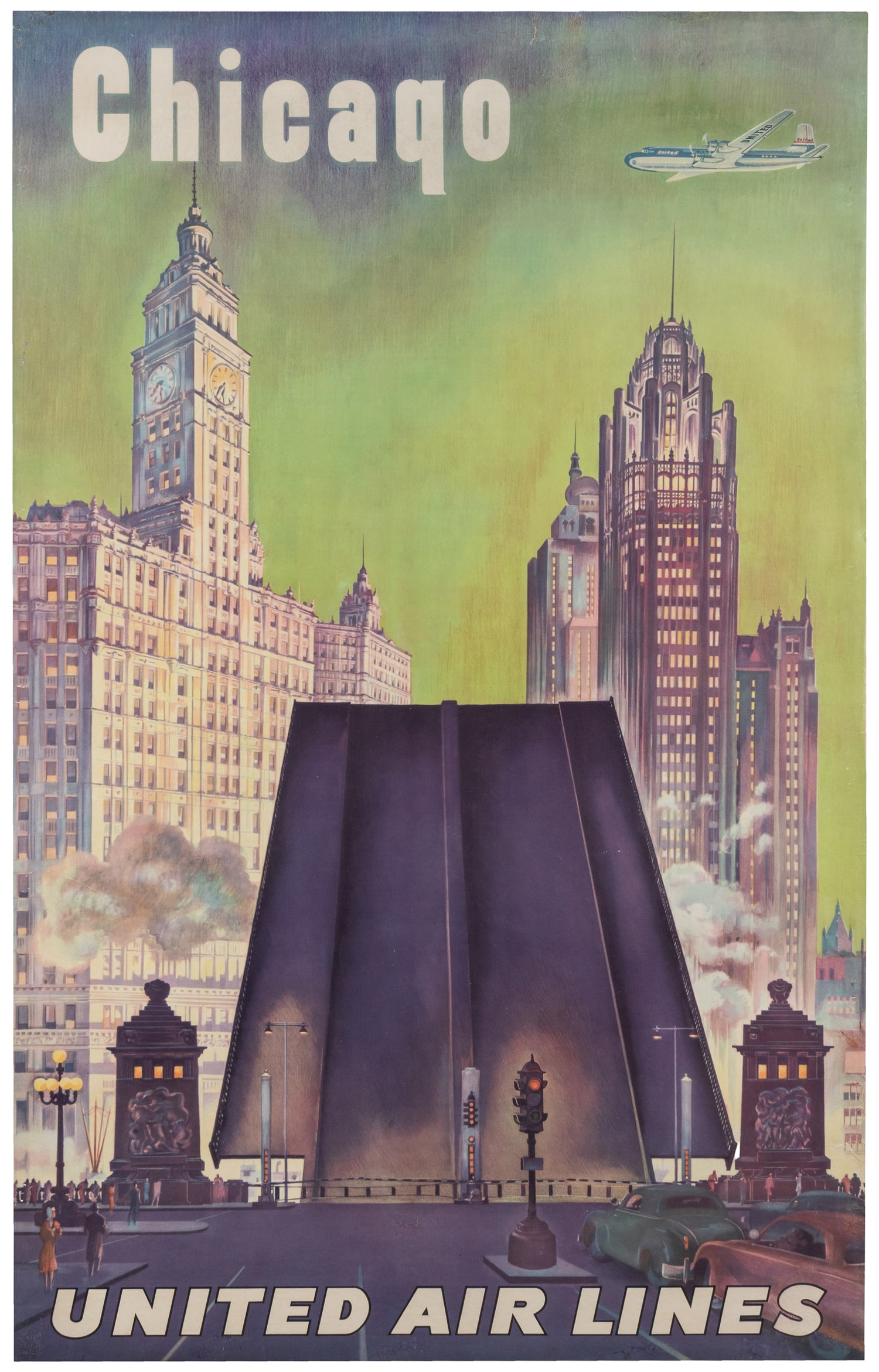 Chicago / United Air Lines. Circa 1950s.: Chicago / United Air Lines. Circa 1950s. Color offset lithograph airline poster. This poster is unsigned, but attributed to Joseph Feher (1909 – 1988), as part of a series of United posters by