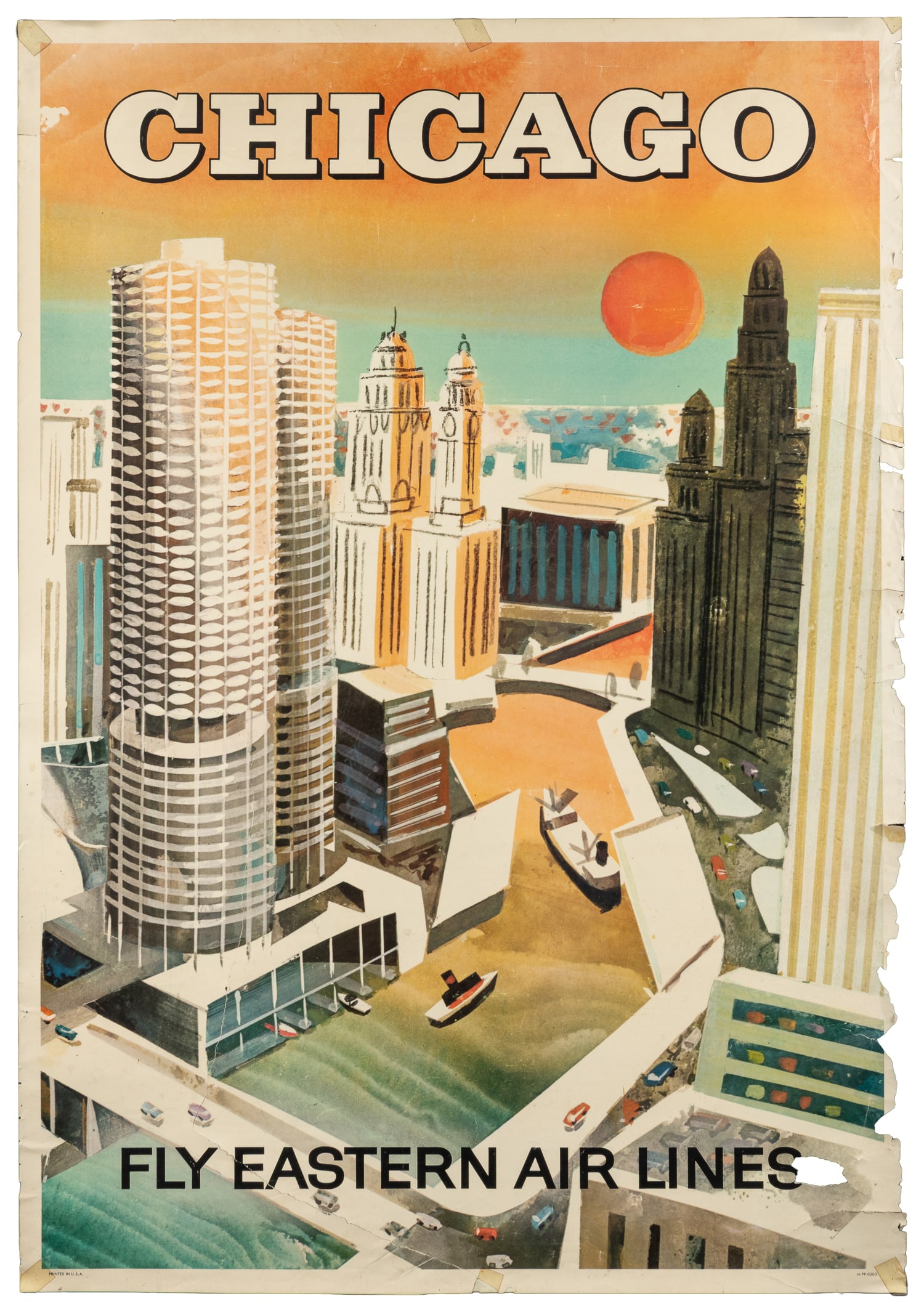 OLIVER, Jane. Chicago / Eastern Airlines.: OLIVER, Jane. Chicago / Eastern Airlines. Circa 1960s. Color offset lithograph airline poster with a watercolor illustration of downtown Chicago. Paper. 40 x 27 3/4".