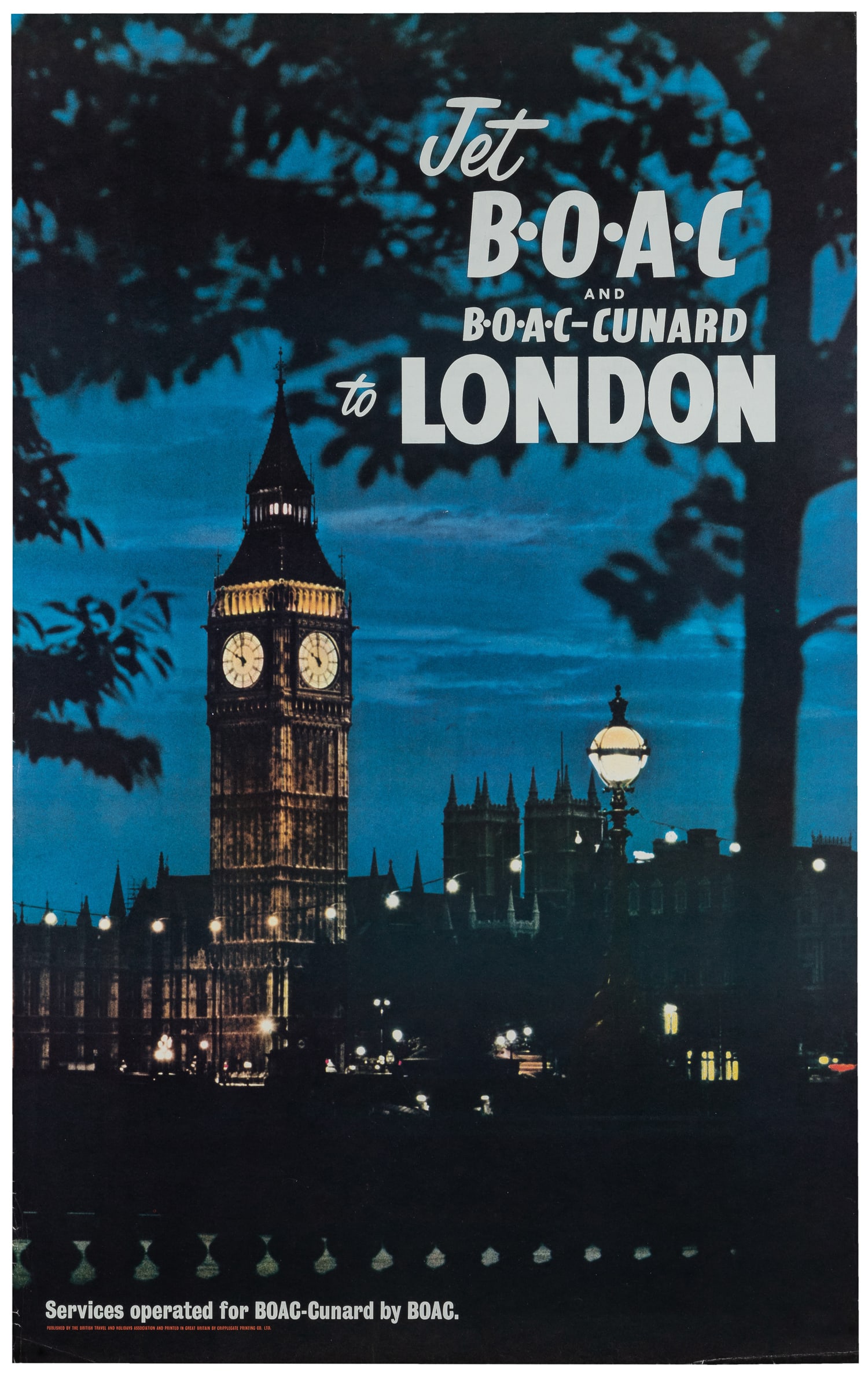 Jet BOAC and BOAC-Cunard to London.: Jet BOAC and BOAC-Cunard to London. British Travel and Holidays Association, ca. 1960s. Photo-offset travel poster with a nighttime view of Big Ben. Paper. 39 3/4 x 25".