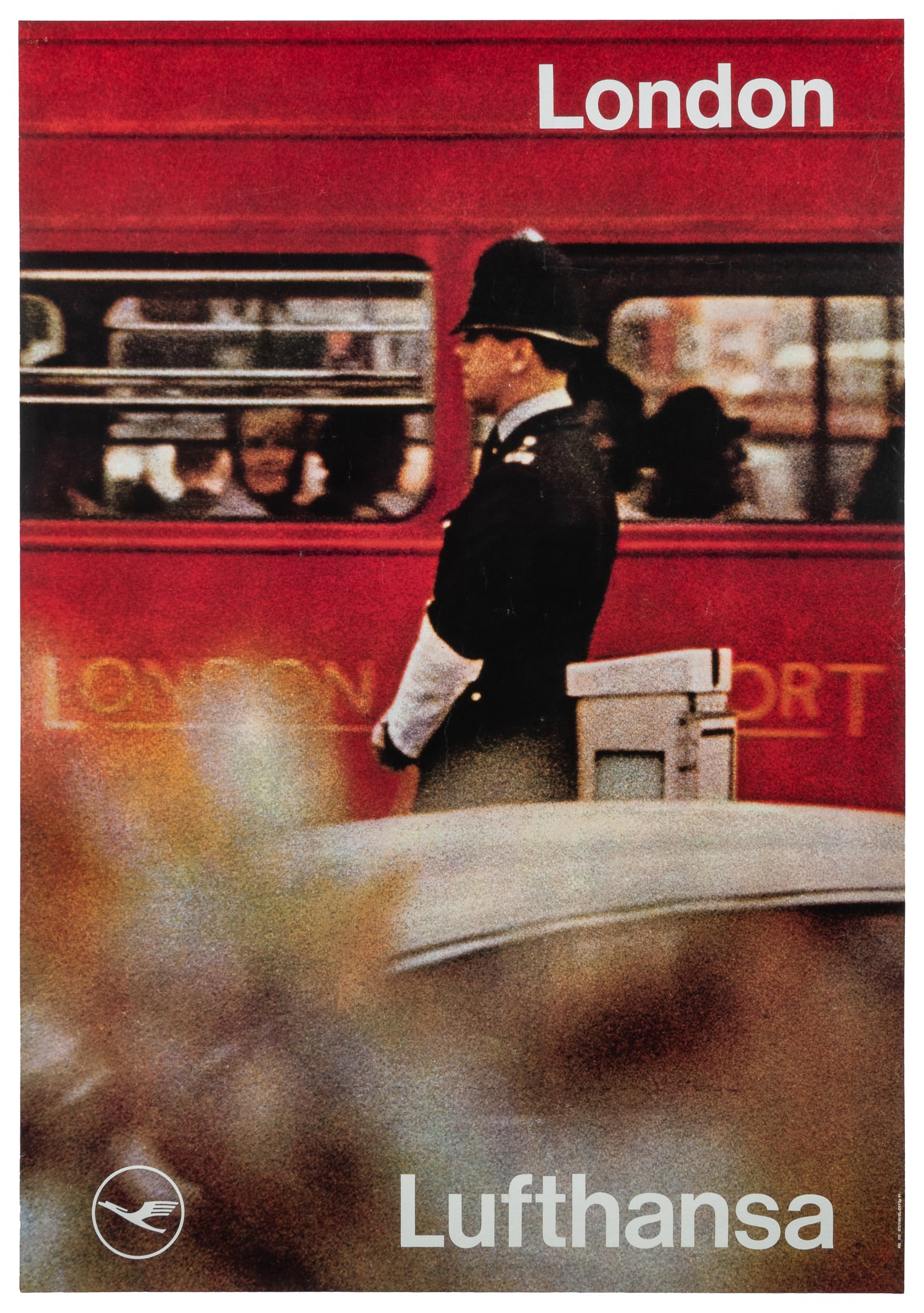 London / Lufthansa.: London / Lufthansa. Circa 1970s. Airline poster with a hazy image of a London bus passing an officer. Linen backed. 33 1/2 x 23 1/4".