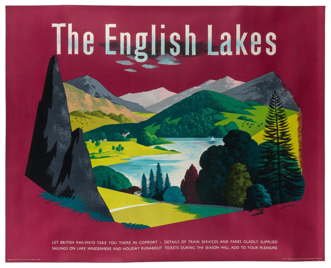LANDER, Reginald Montague (1913 - 1980). The English Lakes / Let British Railways Take You There in: LANDER, Reginald Montague (1913 - 1980). The English Lakes / Let British Railways Take You There in Comfort. London: Waterlow & Sons, ca. 1950s. Vibrant lithograph poster of the English Lake Country. 