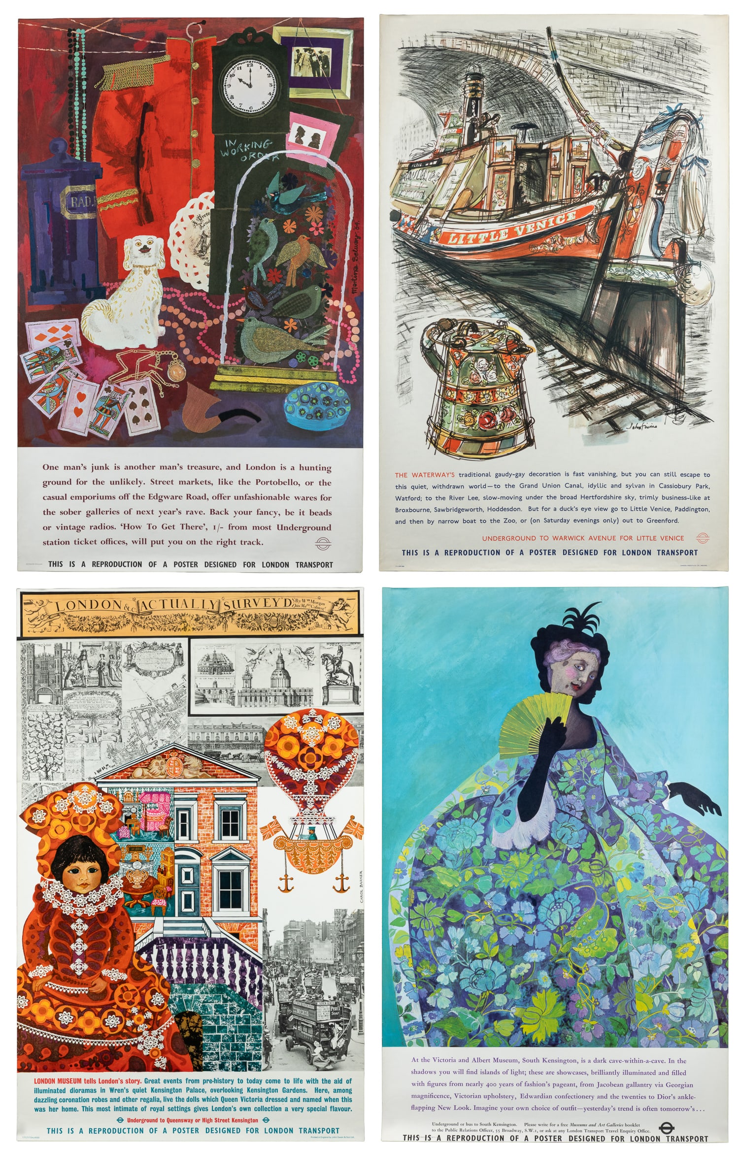[LONDON TRANSPORT]. Four vintage posters.: [LONDON TRANSPORT]. Four vintage posters. V.p., ca. 1960s. Including: FINNIE, John. Waterways. Johnson, Riddle, & Co, Ltd. SELWAY, Martina. Street Markets. Victoria & Albert Museum. BARKER, Carol.